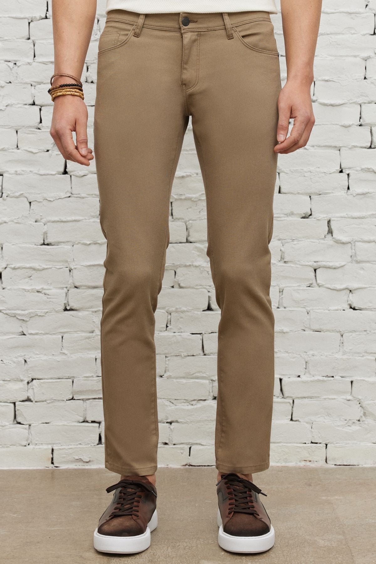 Men's Beige Slim Fit Narrow Cut 5 Pocket Amelor Flexible Pants