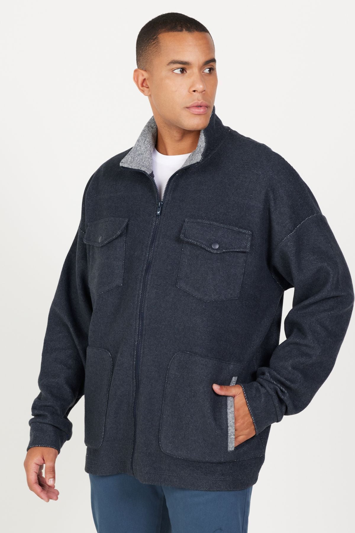Men's Indigo Melanj Oversizle plenty of cut upright collar cotton patterned sweatshirt jacket