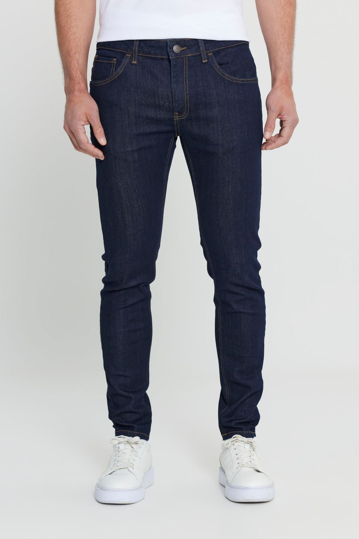 Men's dark navy blue extra slim fit narrow cut cotton flexible rıis jean jeans denim