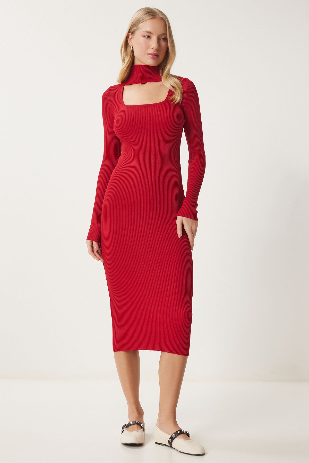 Woman Red Cut Out detailed upright collar wick knitwear dress FN03388