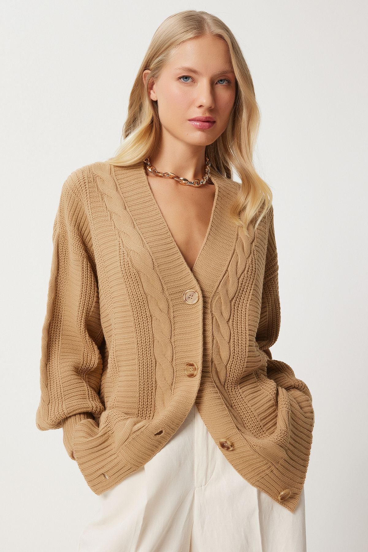 Female biscuit braided bubble sleeve shabby knitwear cardigan za00039