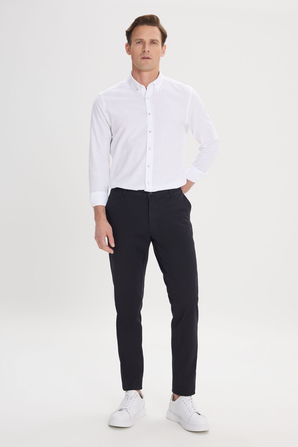 Men's black canvas slim fit narrow cut side mobile chino pants