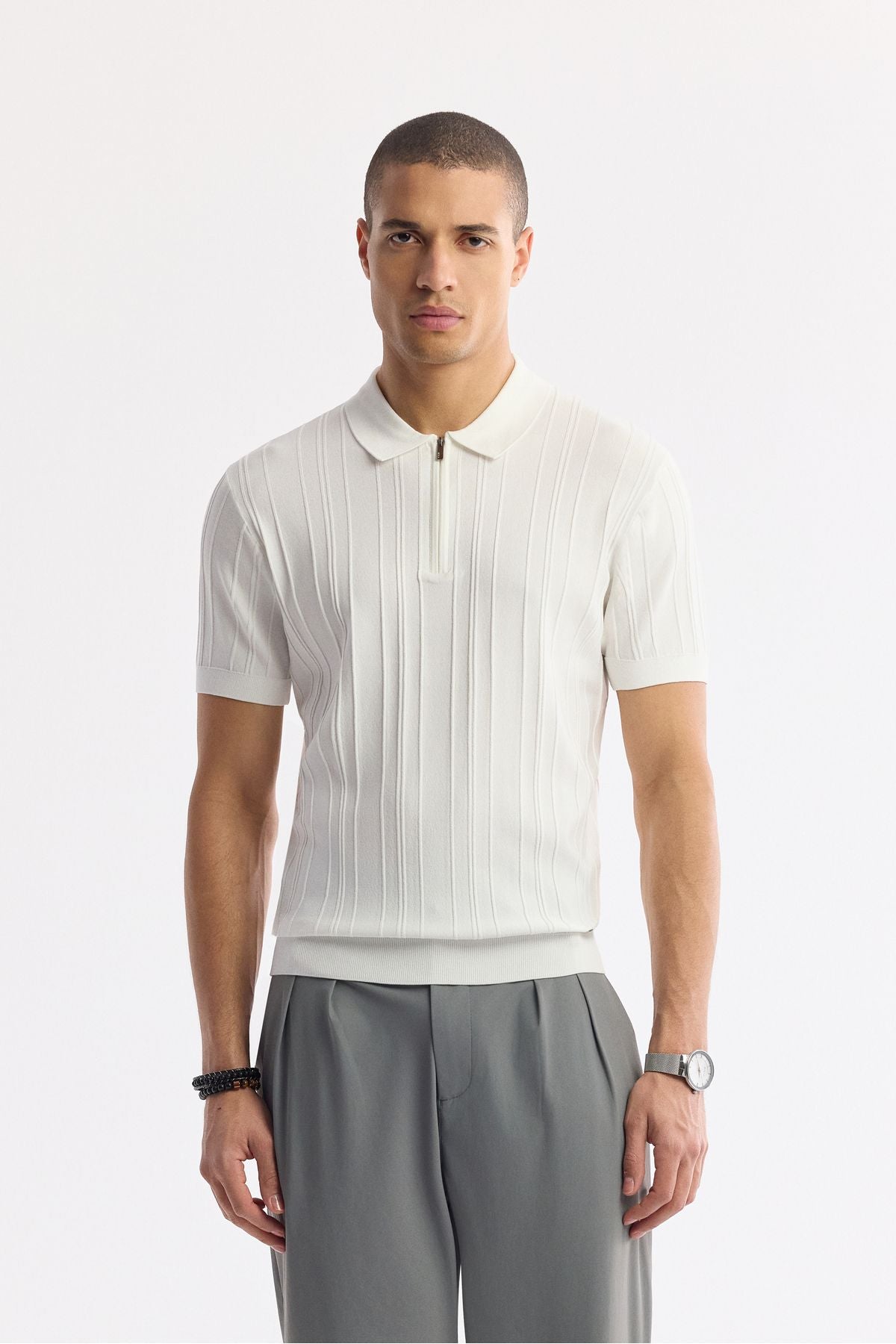 Men's Ecru Polo Yaka Zipper Wick Knit Detailed Rayon Triko T-shirt A51y5046