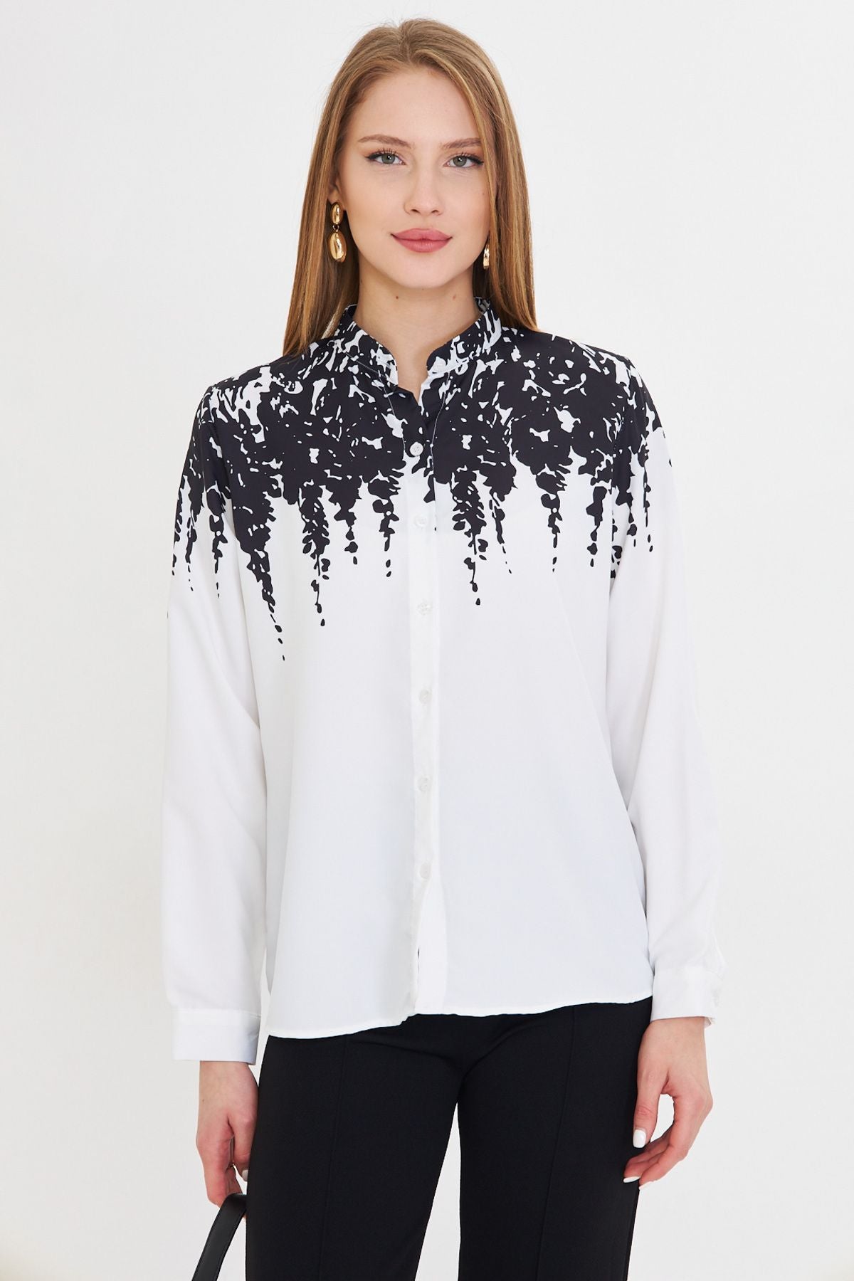 Female Black Judge Yaka Polyviskon Satin Patterned Shirt ARM-25Y001013