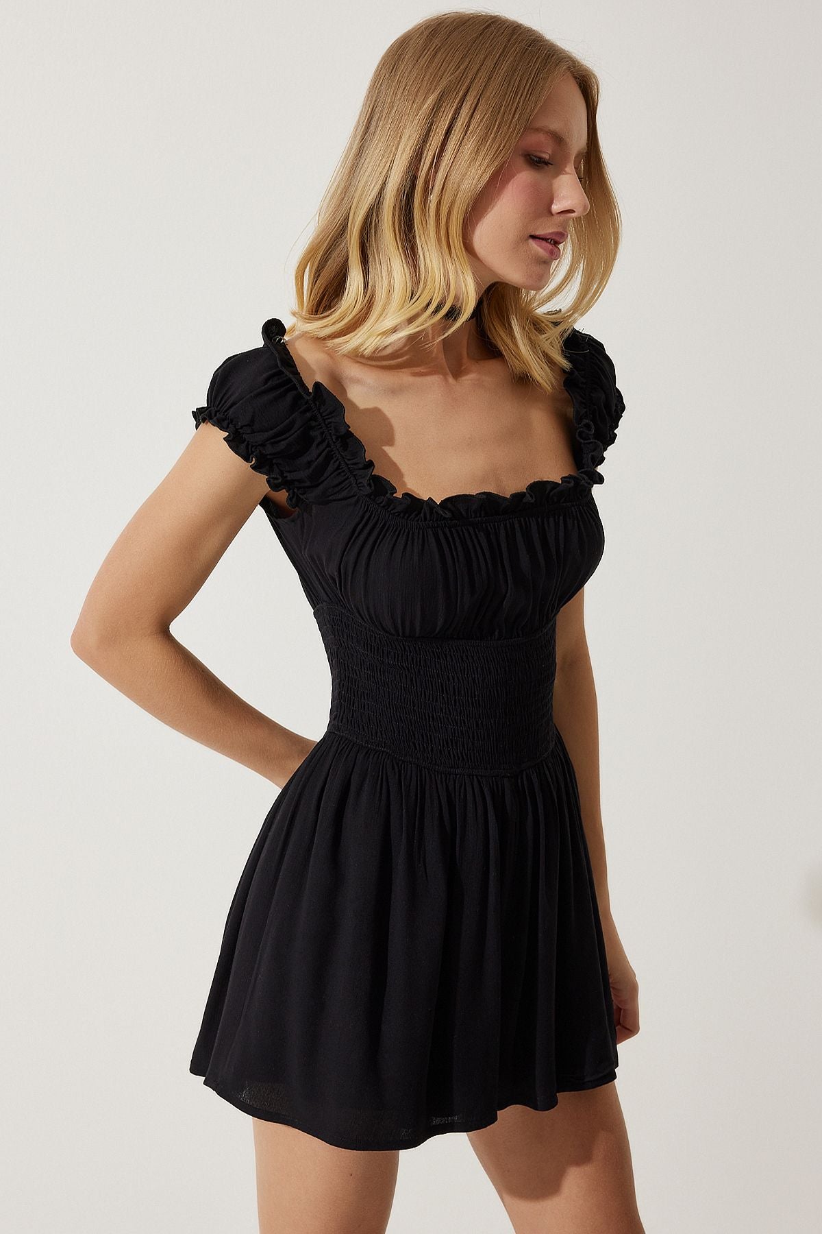 Female black carmen collar mini weaving overalls dress ub00263