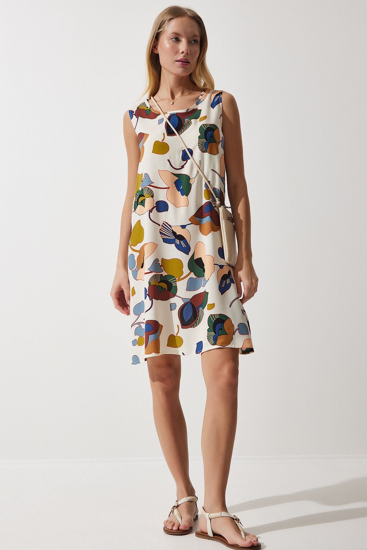 Female cream oil green patterned linen viscose mini dress BH00343