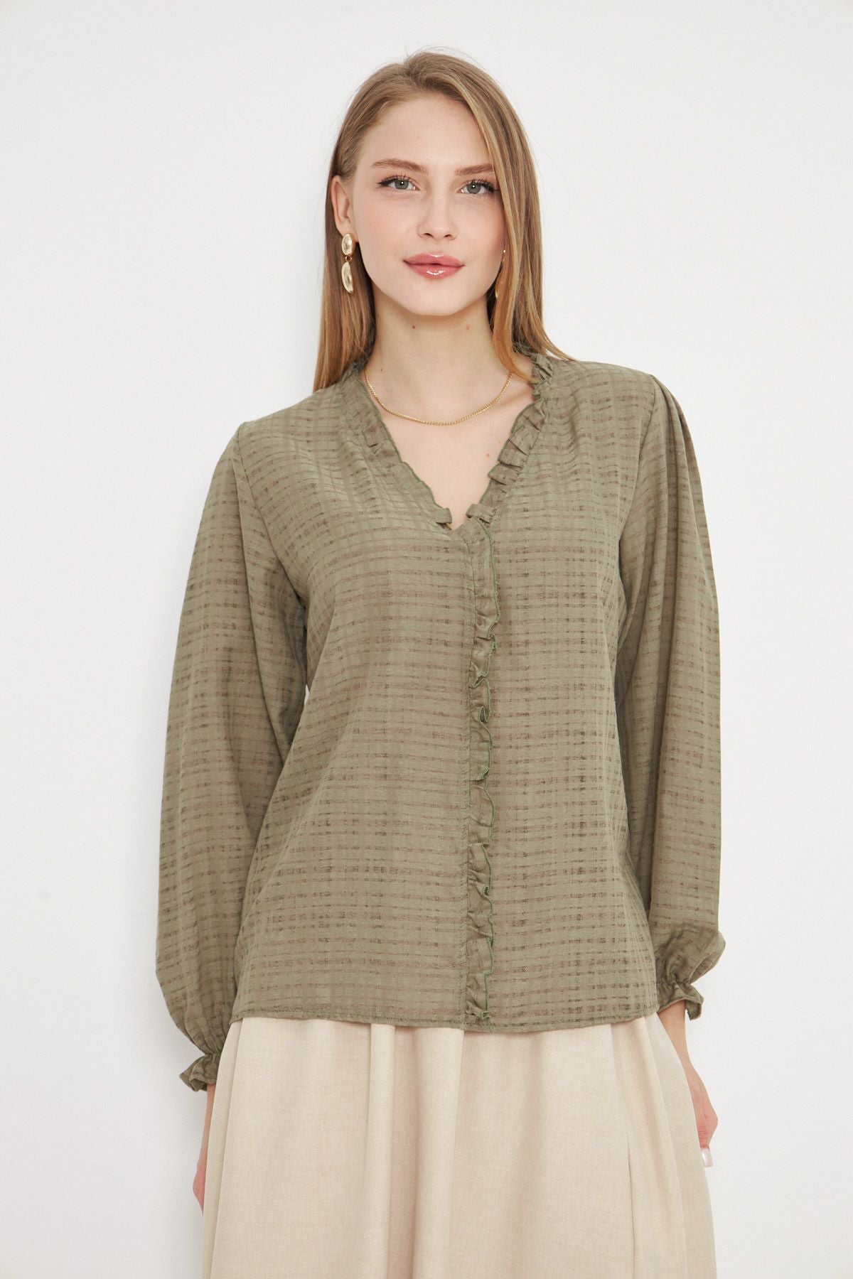 Female Khaki Side and Ruffle Detailed Arms with Long Sleeve Blouse ARM-25K001030