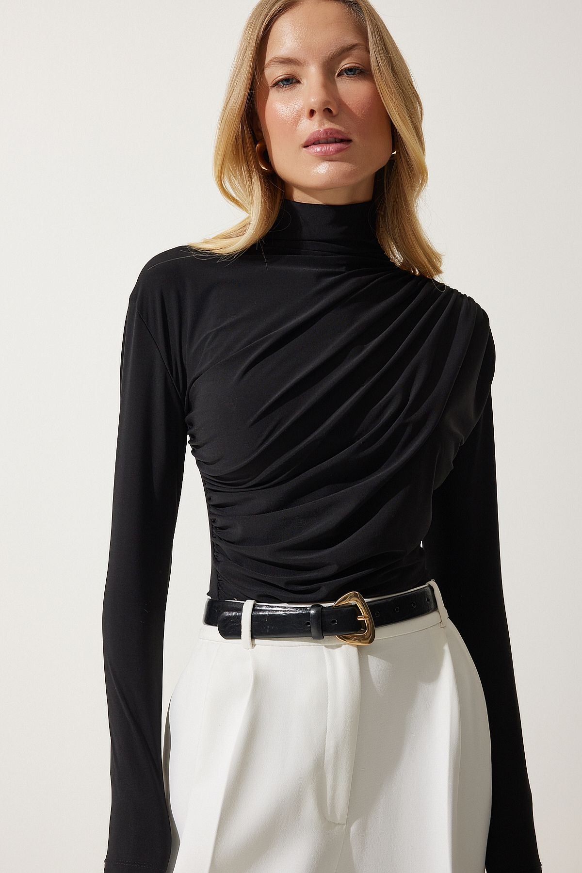 Female black shirring detailed upright collar sandy blouse FF00135