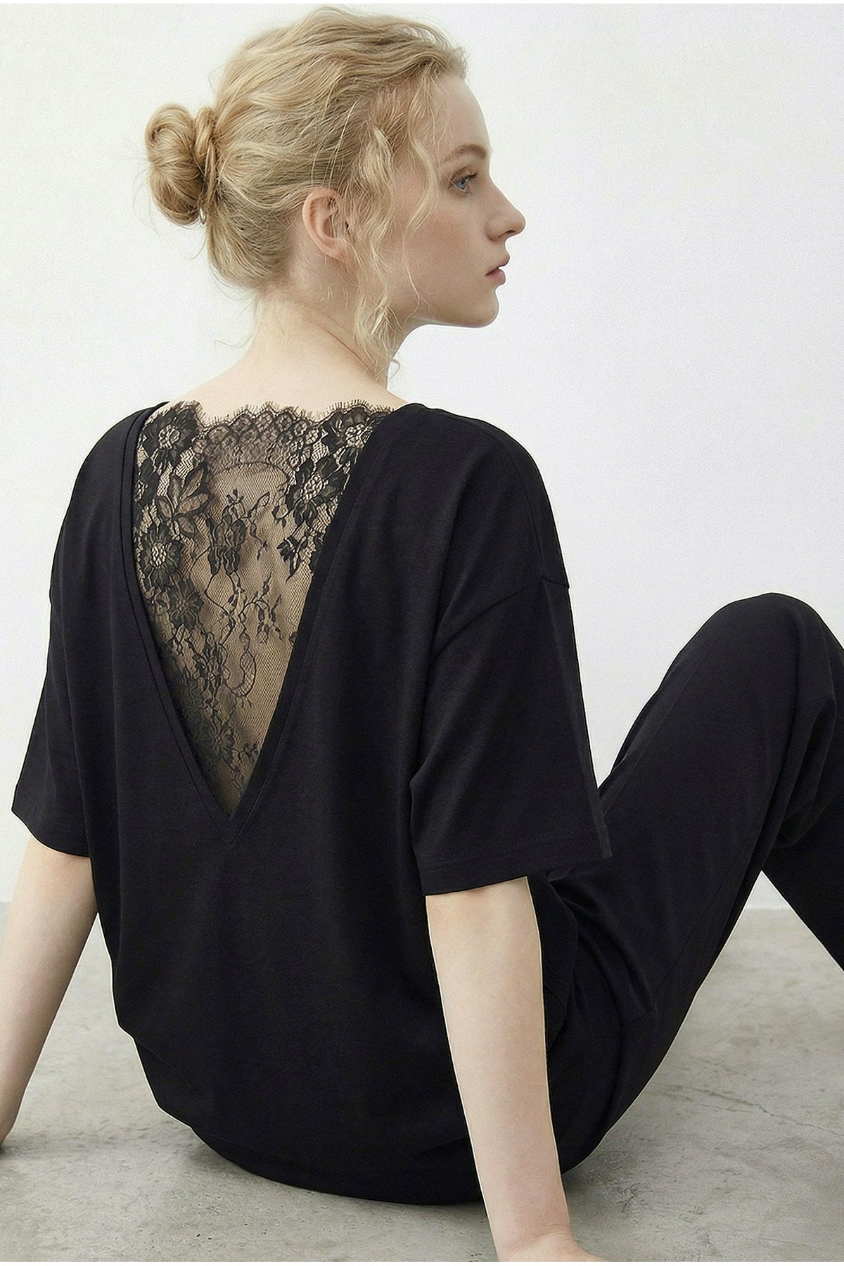 Women's V Back Lace Detailed Scuba Oversize T-Shirt 1050 60283974