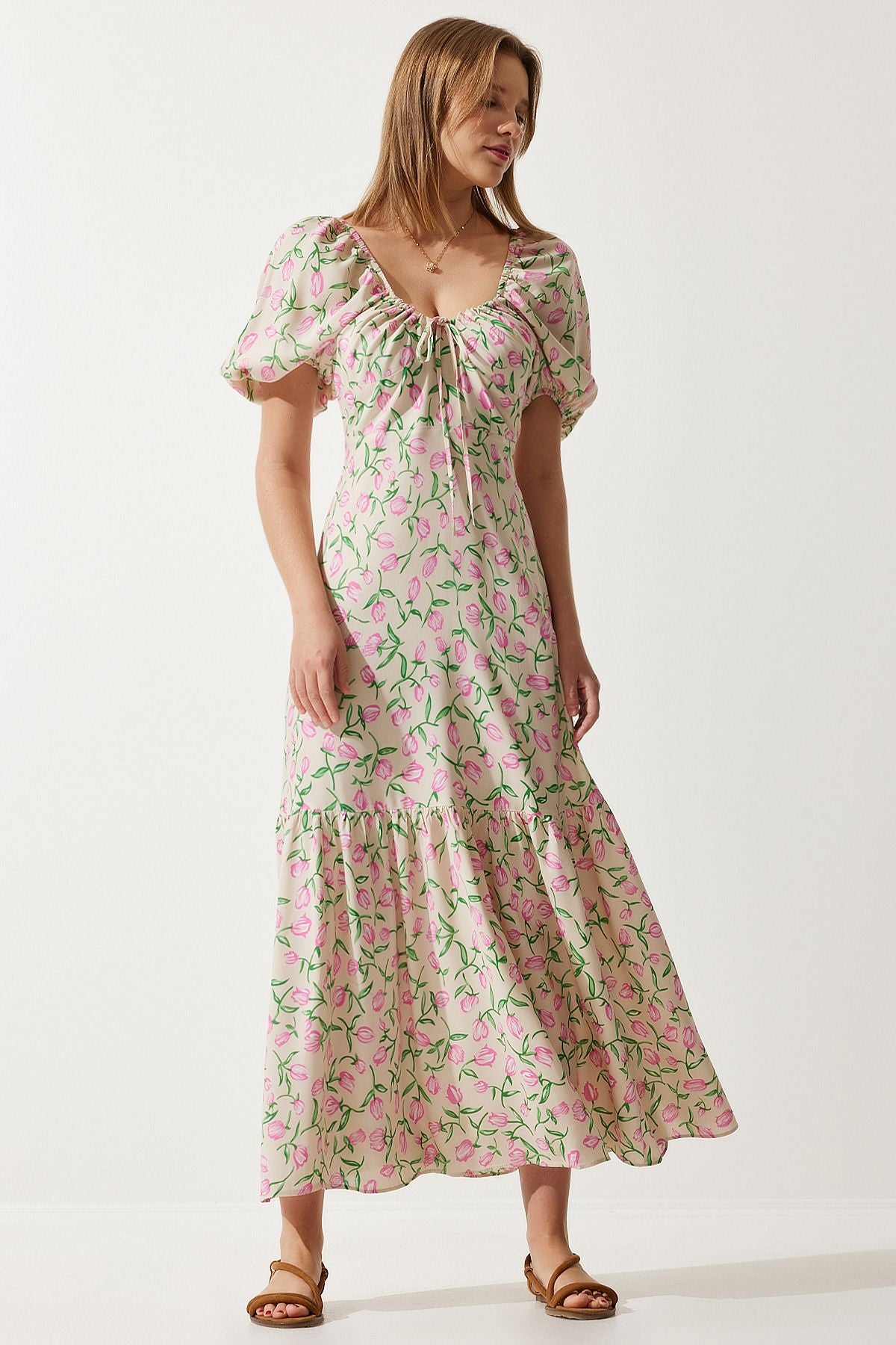 Female Beige Pink Patterned Balloon Sleeve Summer Viscose Dress FN03177
