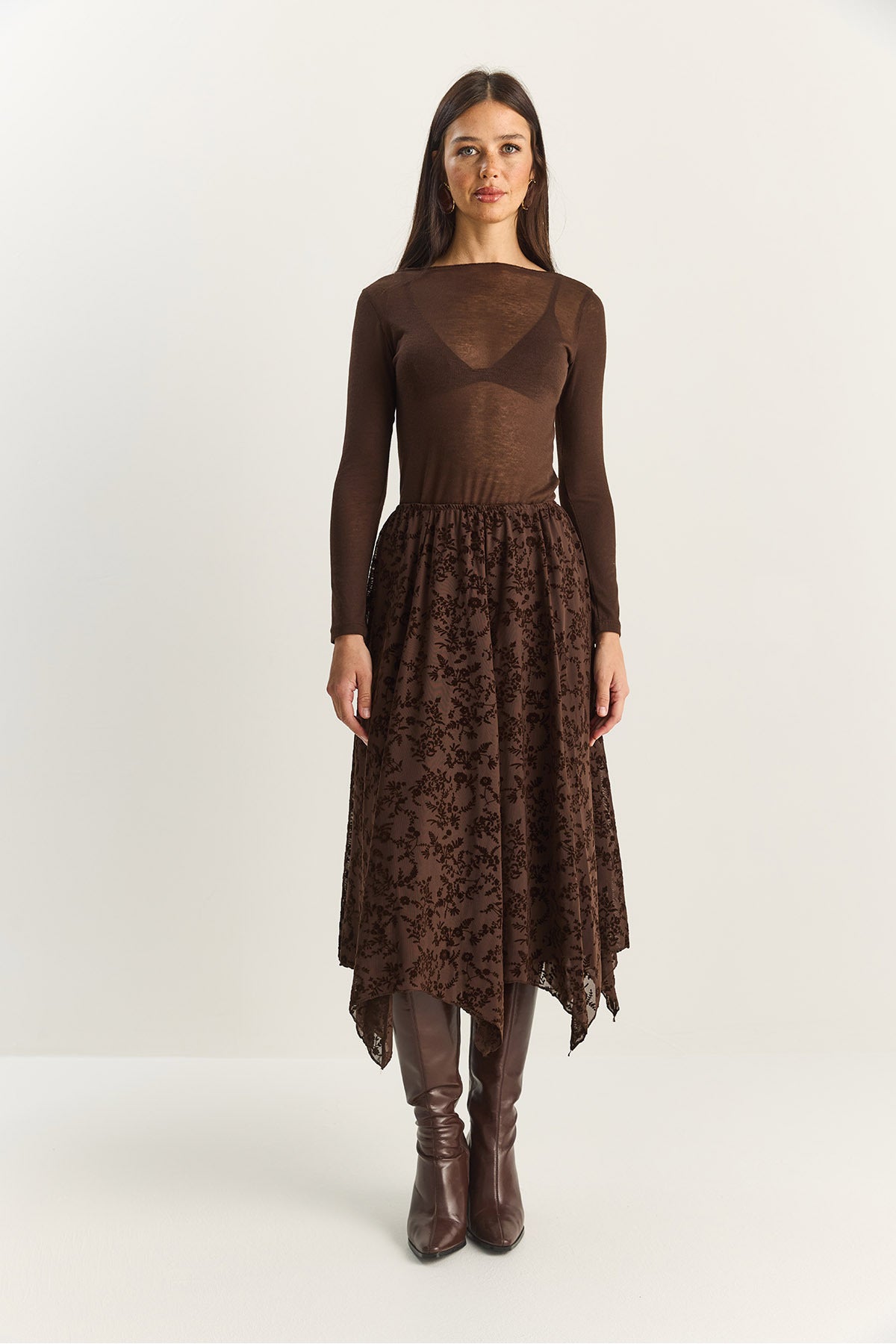 Women's Velvet Patterned Lined Asymmetrical Cut Midi Skirt with Elastic Waist DE251125 60283880