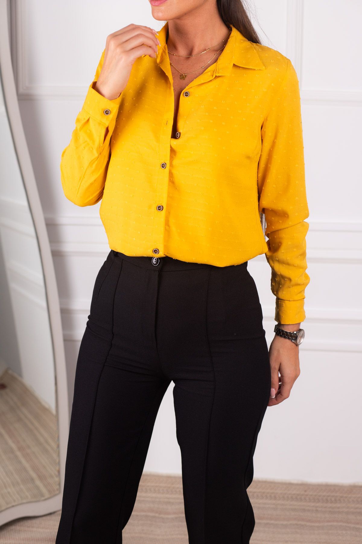 Women's Yellow Patterned Long Sleeve Shirt ARM-24K001023