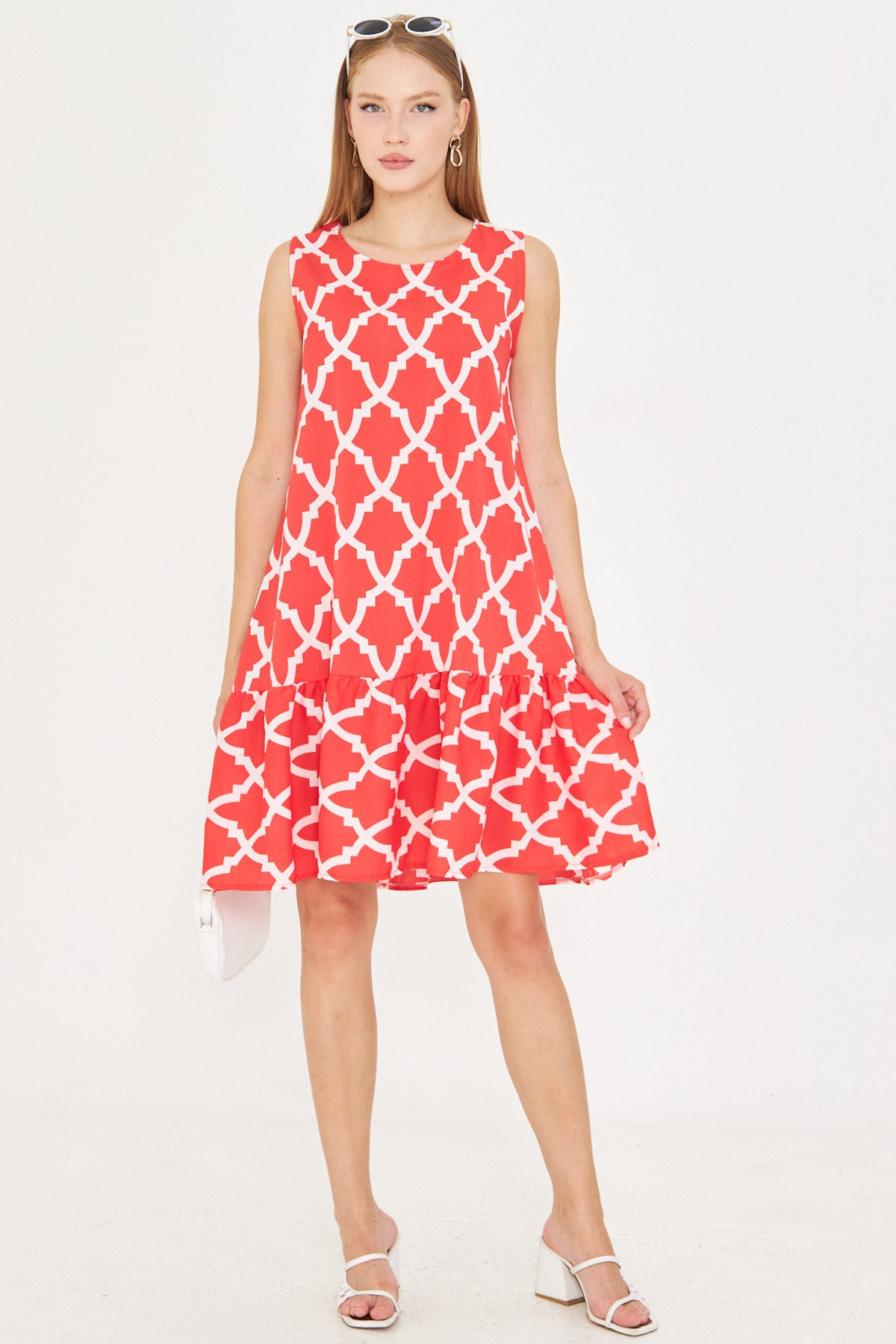 Women's Red-White Patterned Sleeveless Skirt Frilly Dress ARM-22K001142