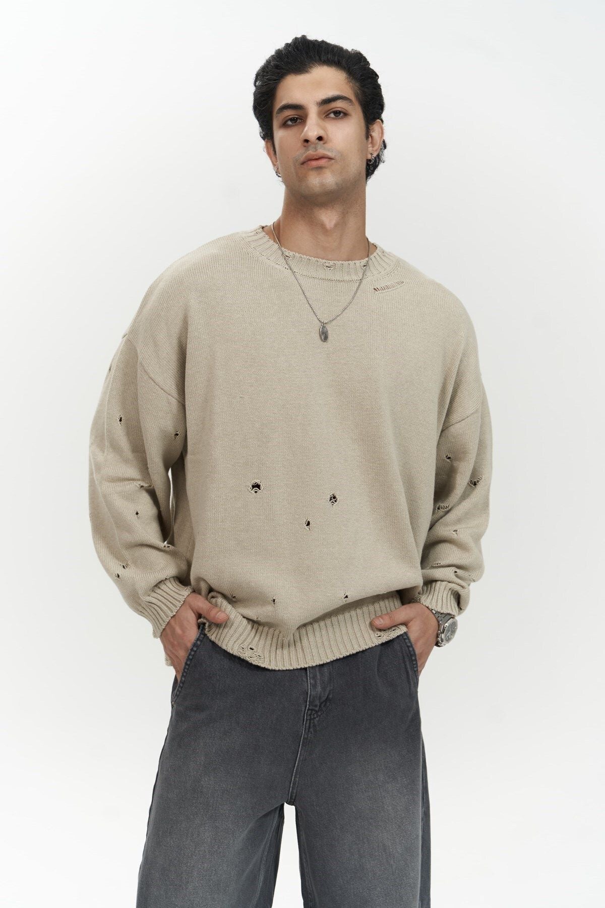 Alec Ribbed Ripped Detail Beige Men's Knitwear Sweater