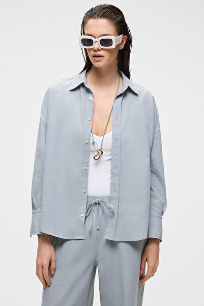 VESTA Women's 100% Cotton Linen Look Flared Oversize Gray Shirt