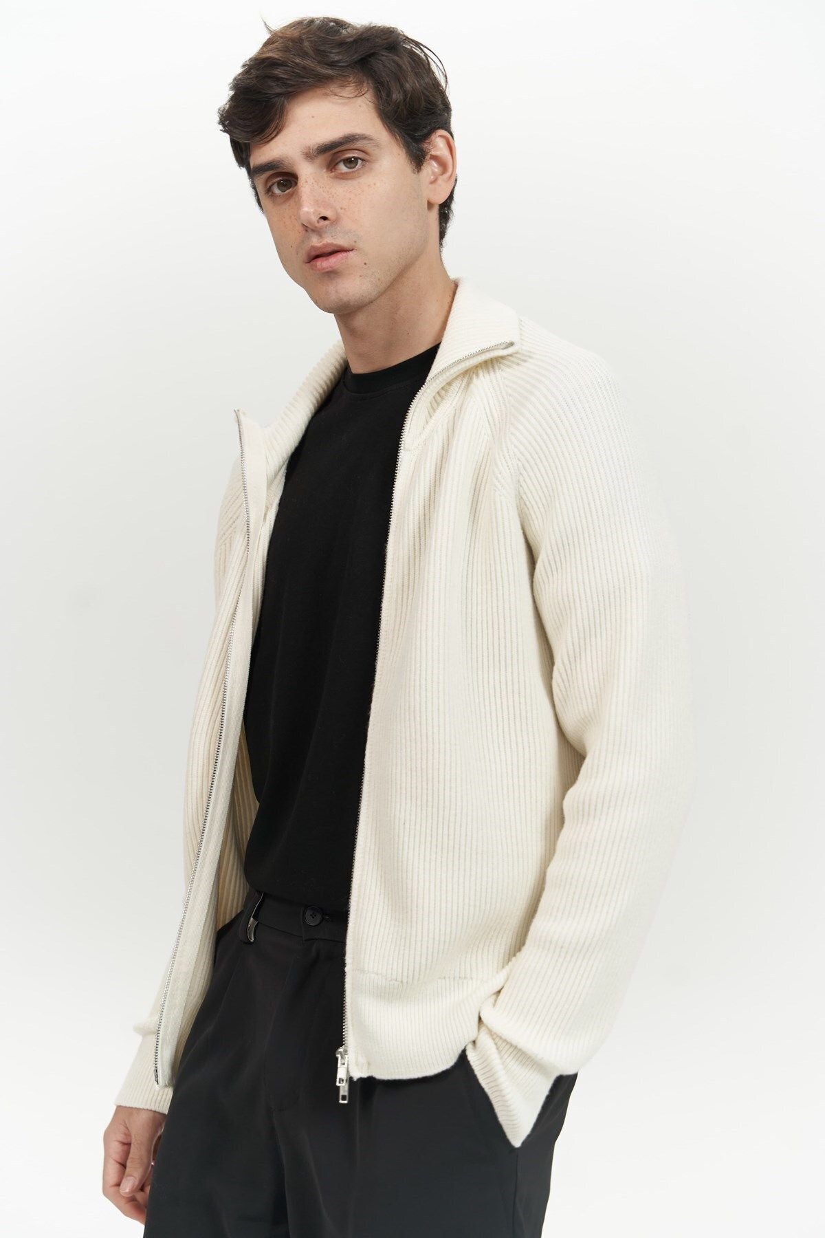 Brock Full Zipper Ecru Men's Knitwear Sweater