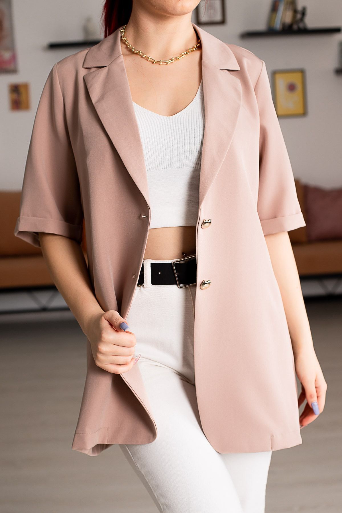 Women's Stone Short Sleeve Two-Button Oversize Jacket Arm-23y001034