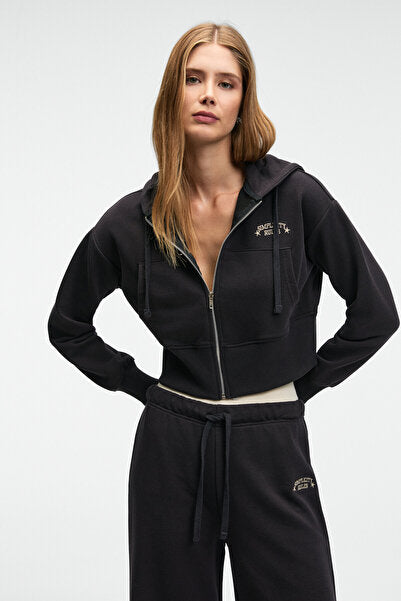 ELARA Women's Metal Zipper Embroidered Hooded Crop Anthracite Sweatshirt