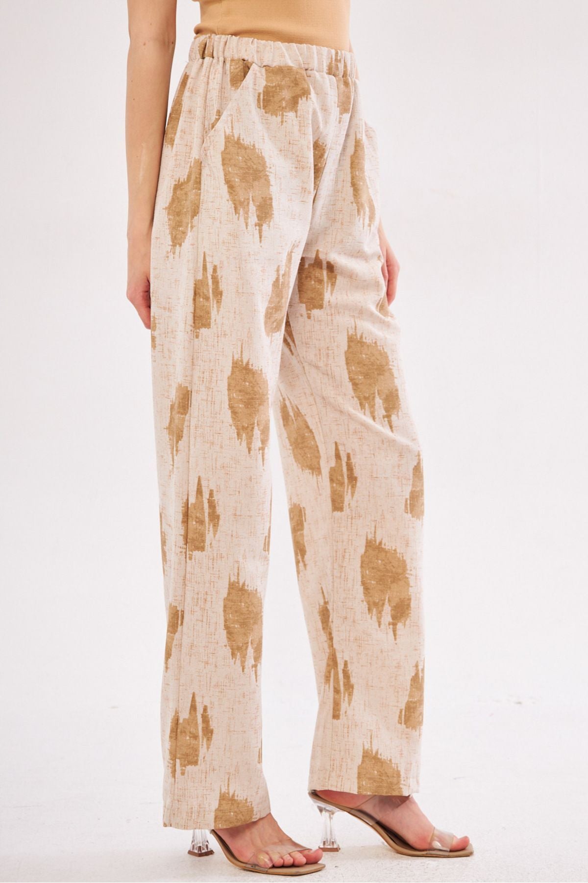 Women's Mink Ena Pants with Elastic Waist Pocket Detail Linen Look Wide Leg ARM-24Y001021