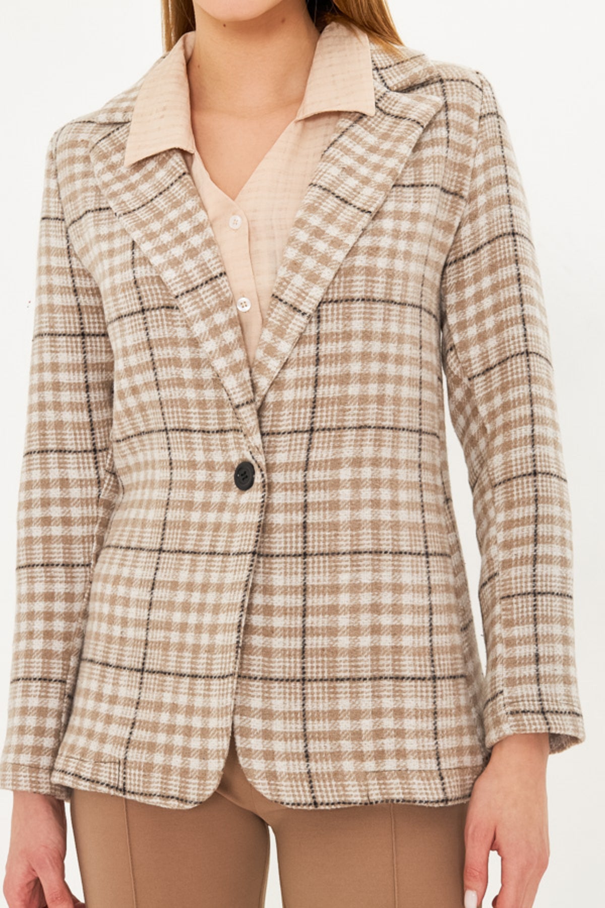 Women's Beige Plaid Pattern Single Button Stash Jacket ARM-25K001083
