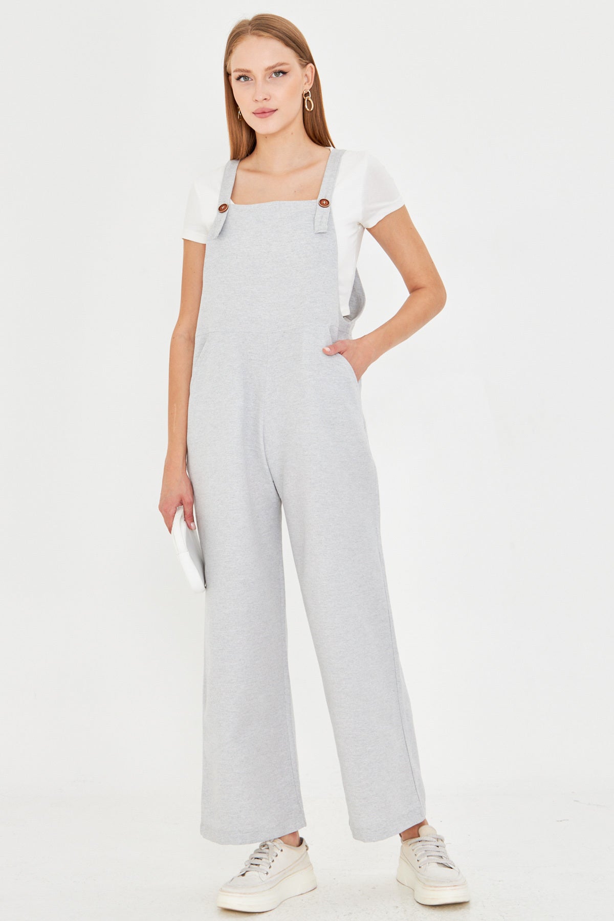 Women's Gray Pocketed Wide Leg Gardener Overalls ARM-25Y001043