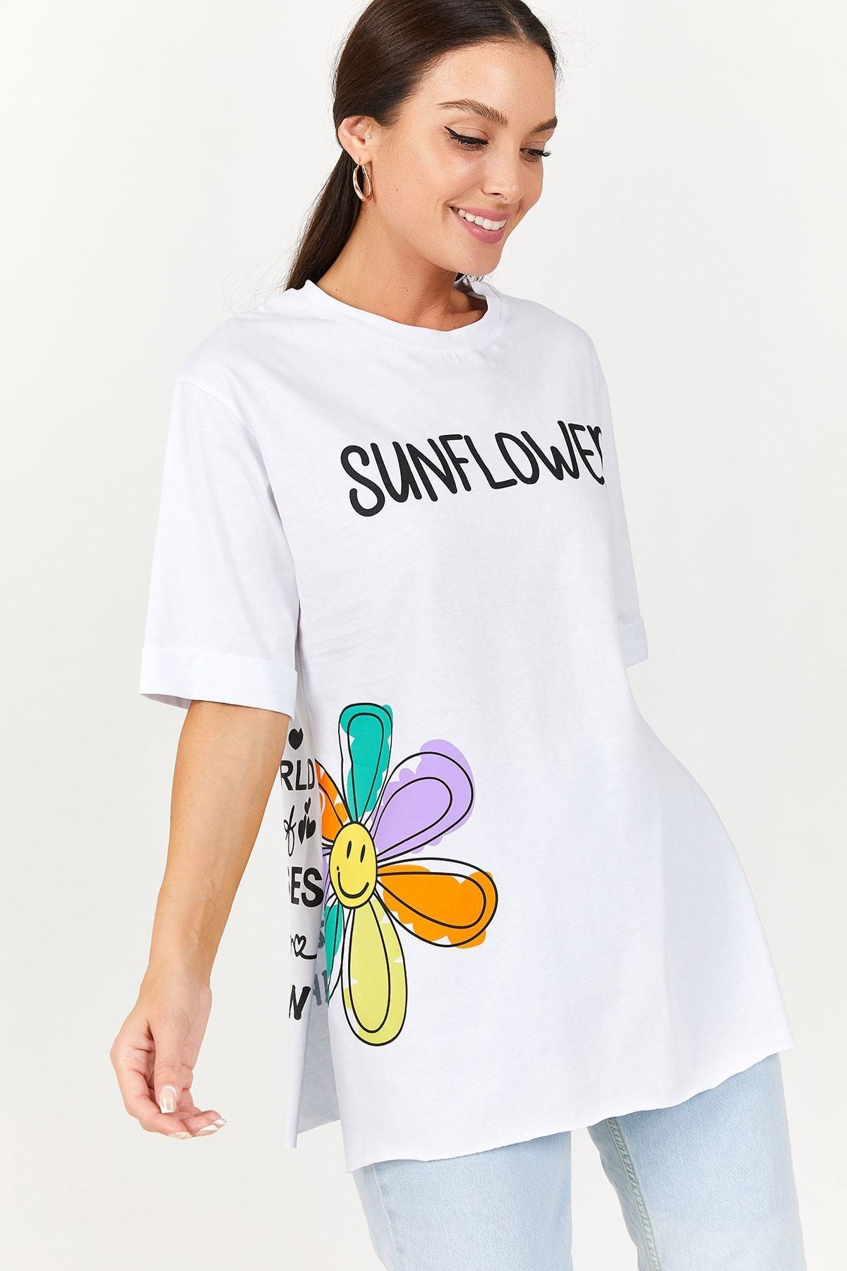 Women's White Floral Written Double Sleeve Oversize T-shirt ARM-22Y024040
