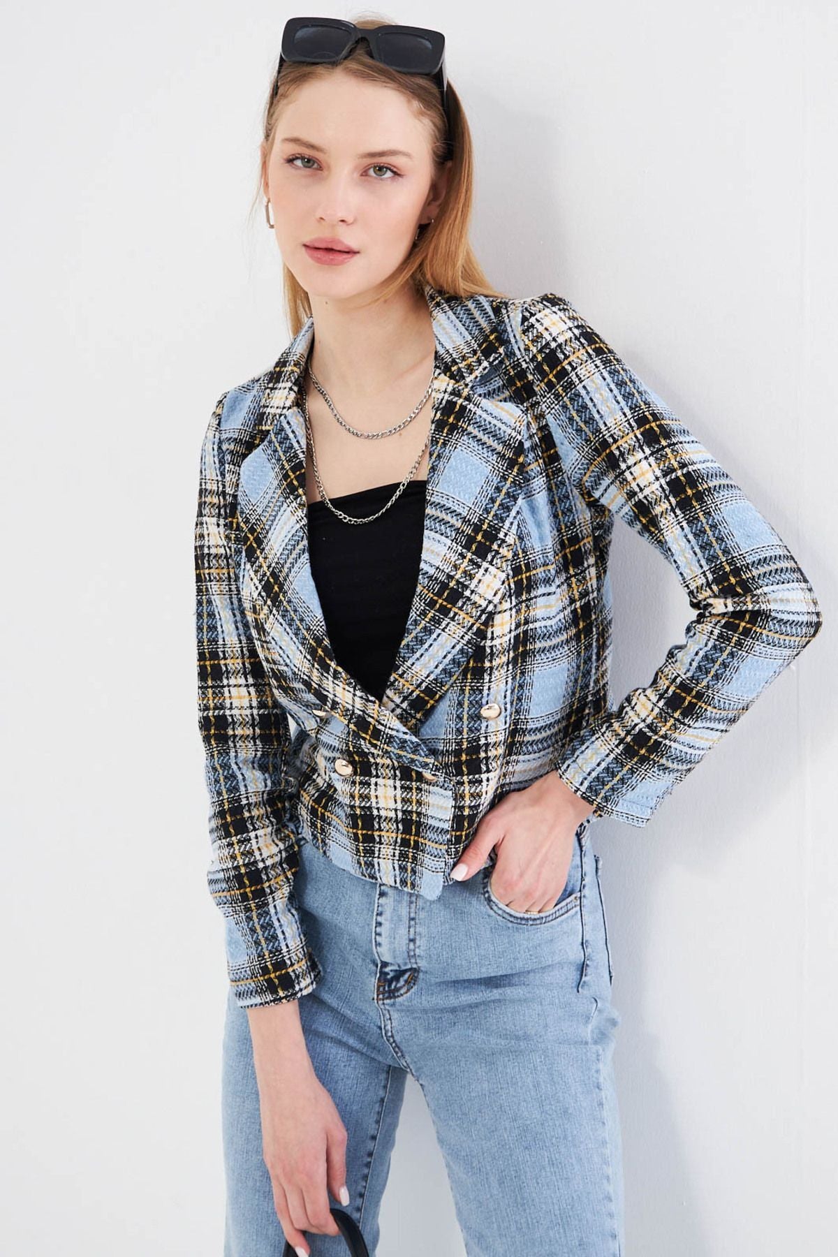 Women's Baby Blue Double Breasted Collar Tweed Crop Jacket ARM-24K001014