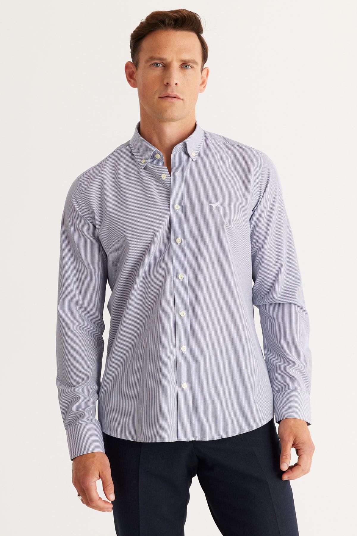 Men's Navy-White Slim Fit Narn Cutting Buttoned Neck Cotton Striped Shirt
