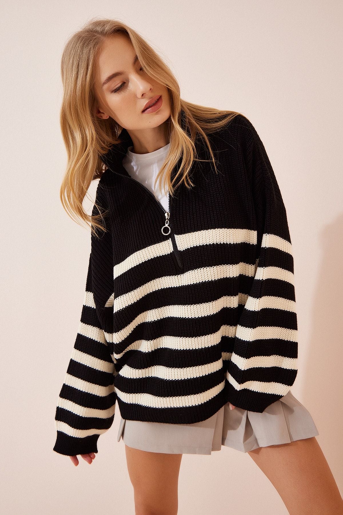 Female black zipper with vertical collar striped oversiz Kazakh yy00100