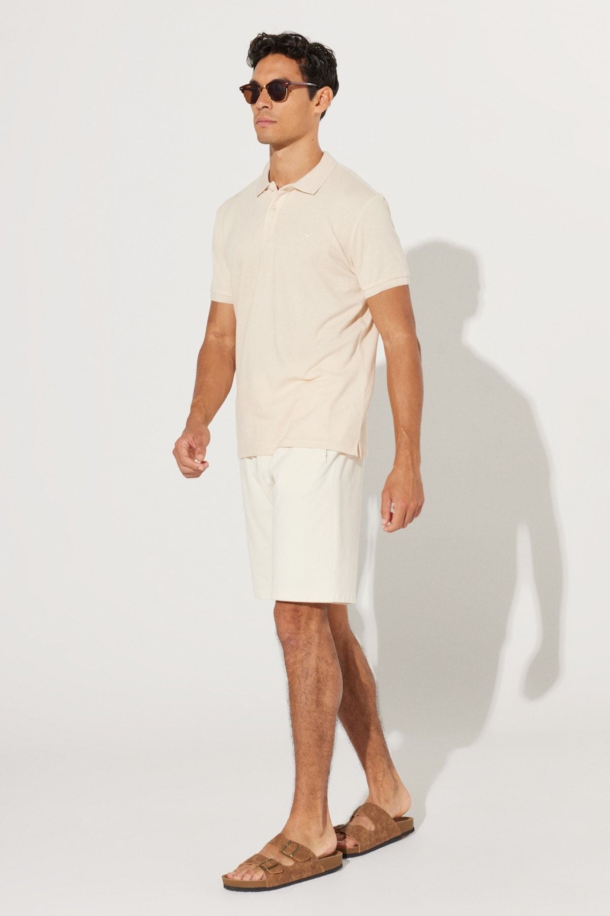 Men's Beige-Ekru Slim Fit Night Cut Polo Yaka 100 %Cotton T-shirt