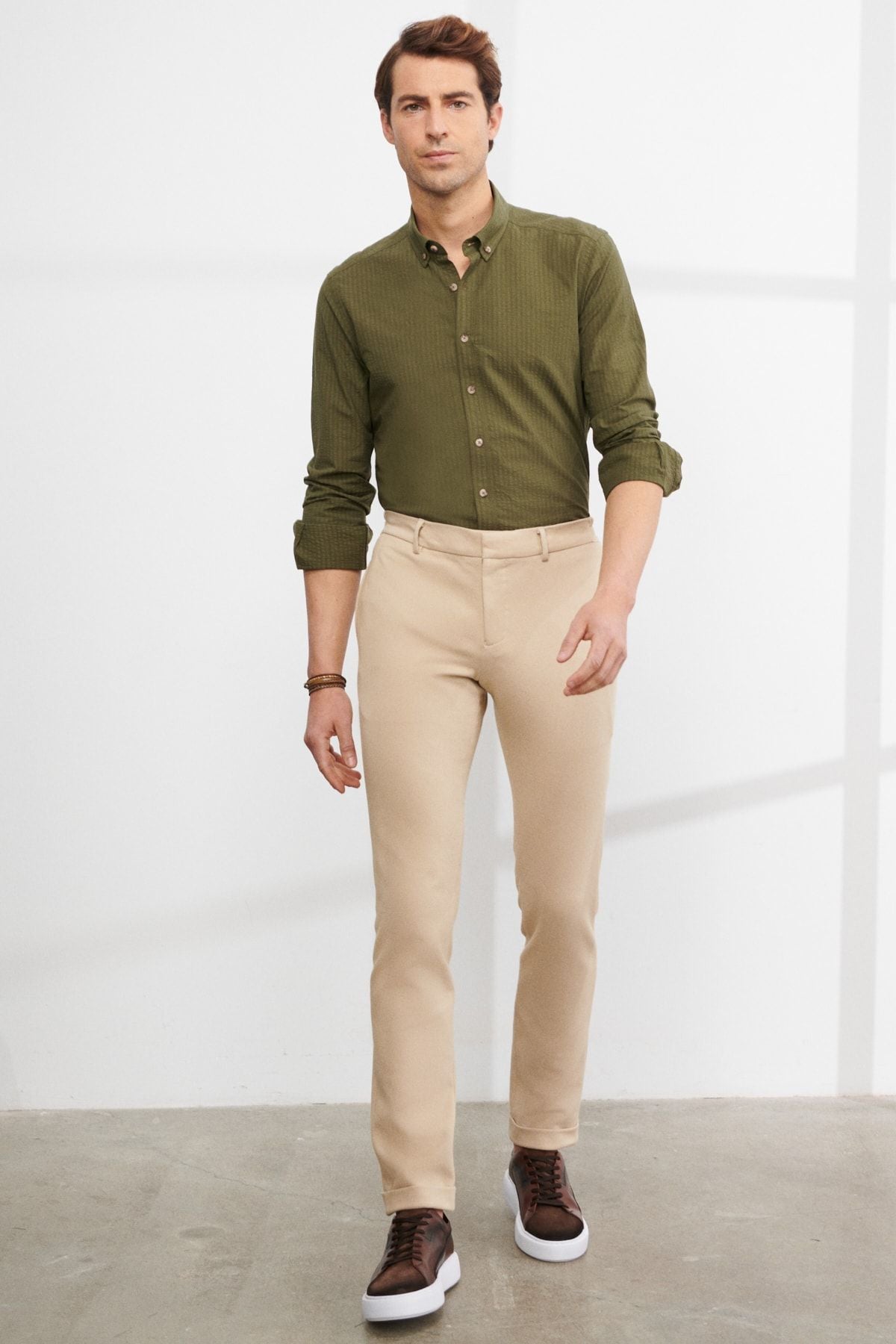 Male Khaki Slim Fit Narrow Cutting Buttoned Neck 100 %Cotton Shirt