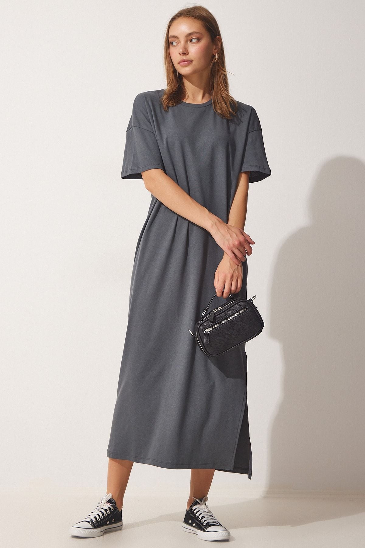 Woman anthracite cotton cottage cottage daily combed dress ub00080