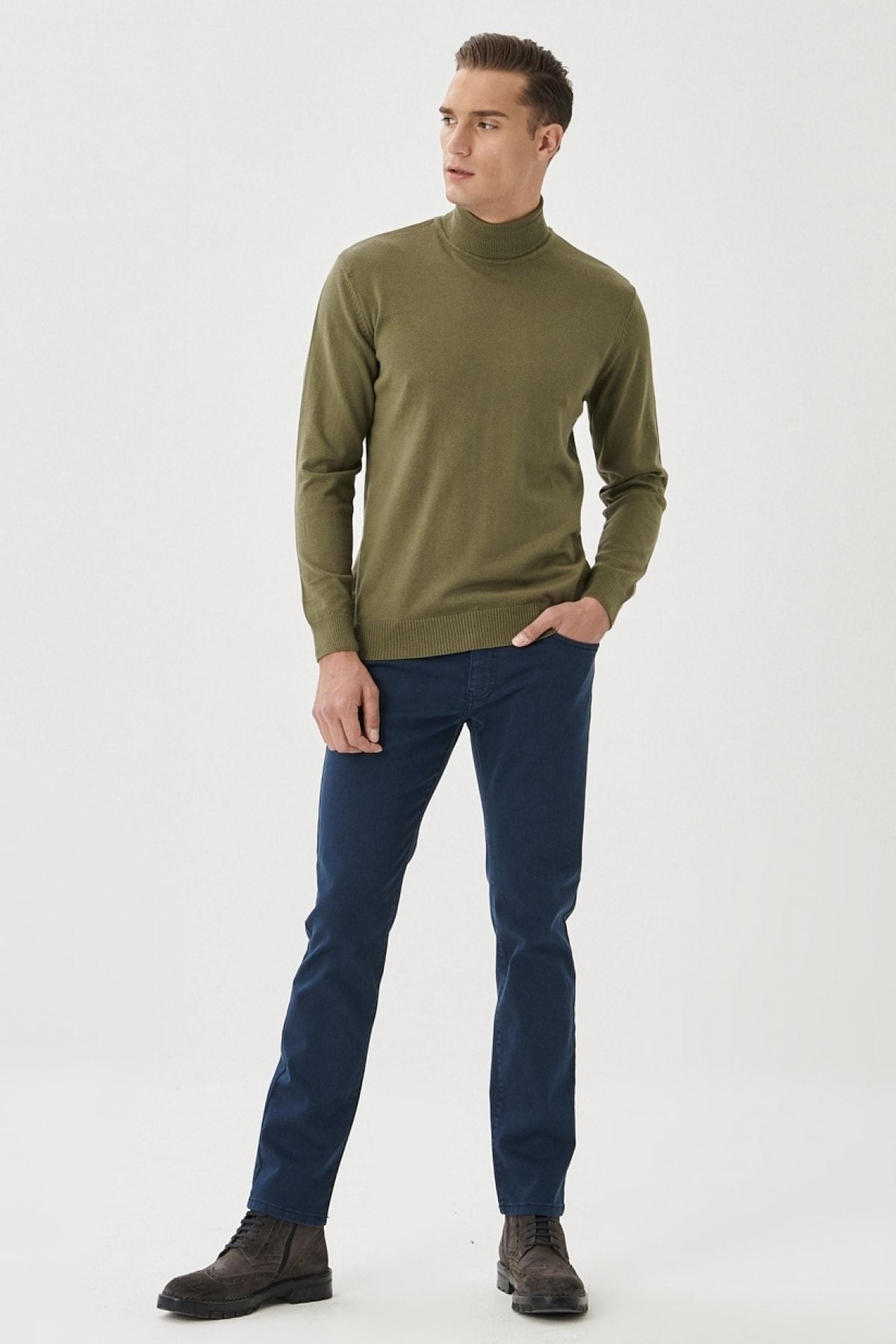 Men's navy blue 360 degrees stretching in all directions slim fit narrow cut cotton flexible pants