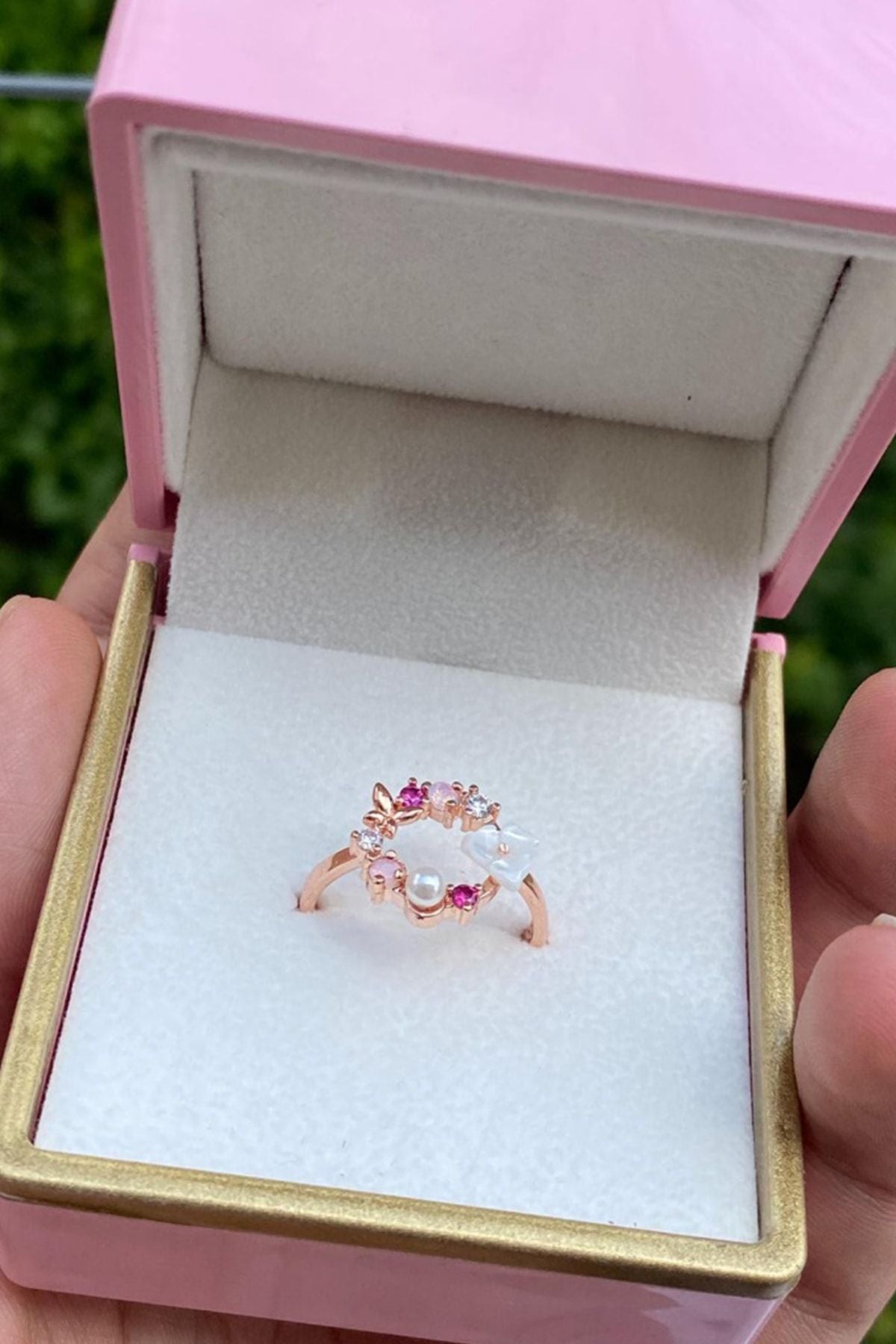 Female Rose Gold Orchid and Colorful Stone 14k Gold Plated Ring