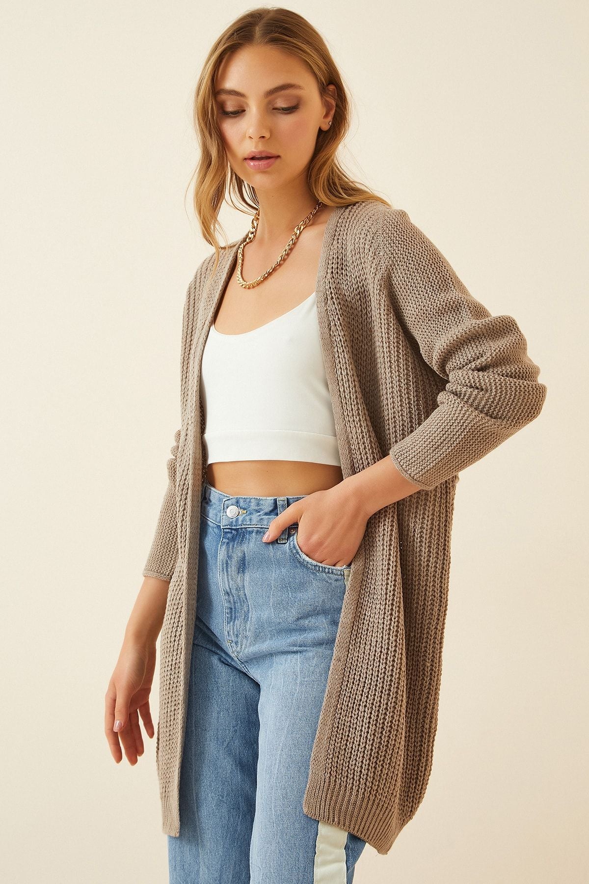 Female Beige Thessaloniki Knitting Basic Knitwear Cardigan YG00095