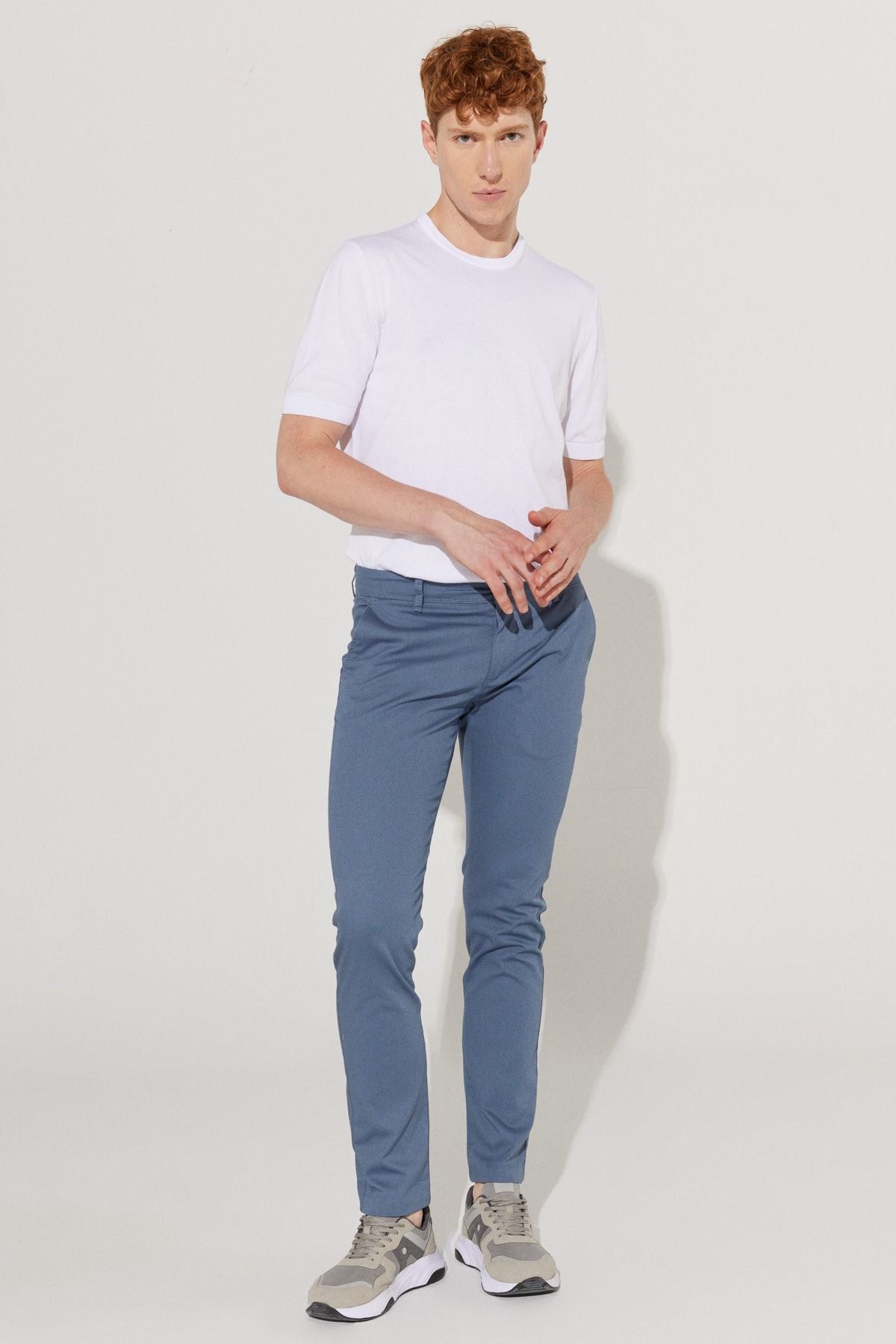 Men's blue slim fit narrow cut cotton flexible comfortable trousers