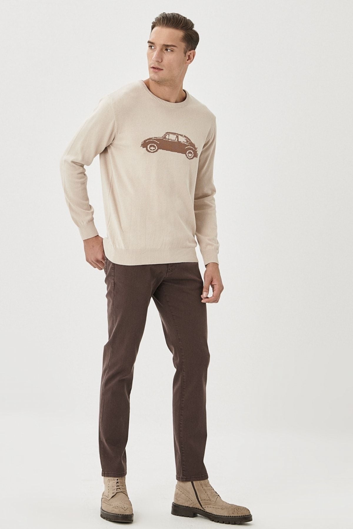 Men's brown 360 degrees yawning in all directions comfortable slim fit narrow cut pants