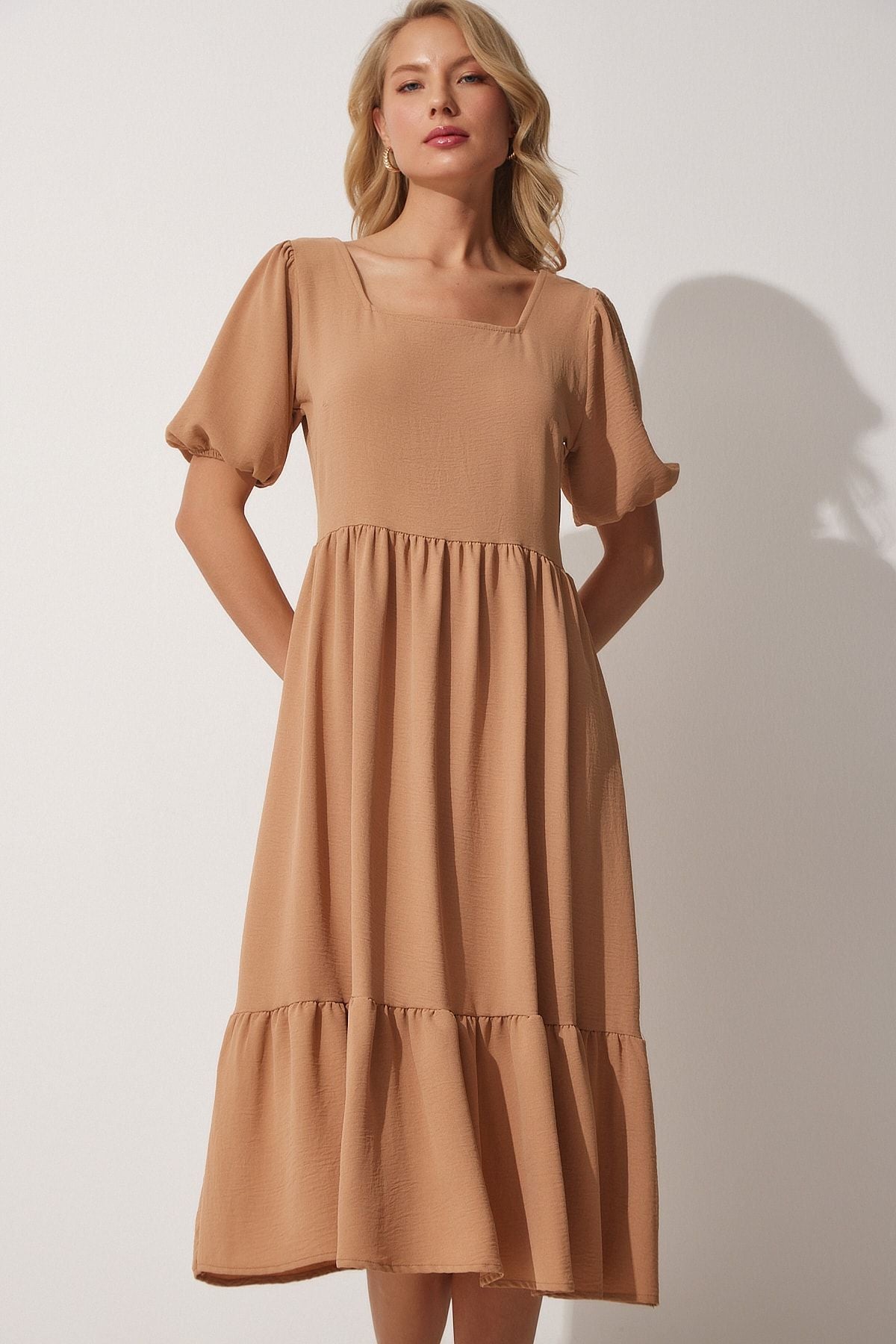 Female Biscuit Square Collar Summer Summer AYROBİN Dress ZH00023
