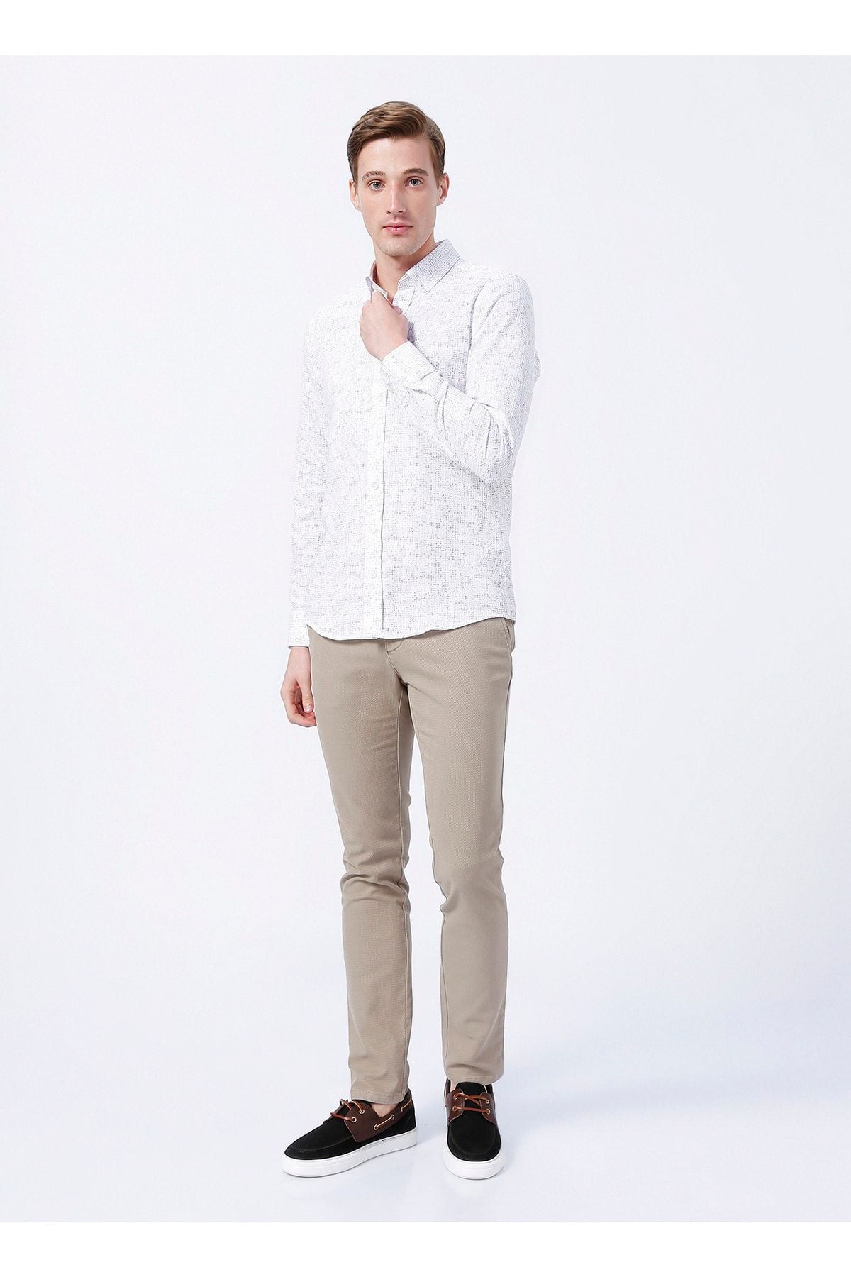 Men's White - Bordeaux Slim Fit Narrow Cutting Buttoned Neck 100 %Cotton Printed Shirt