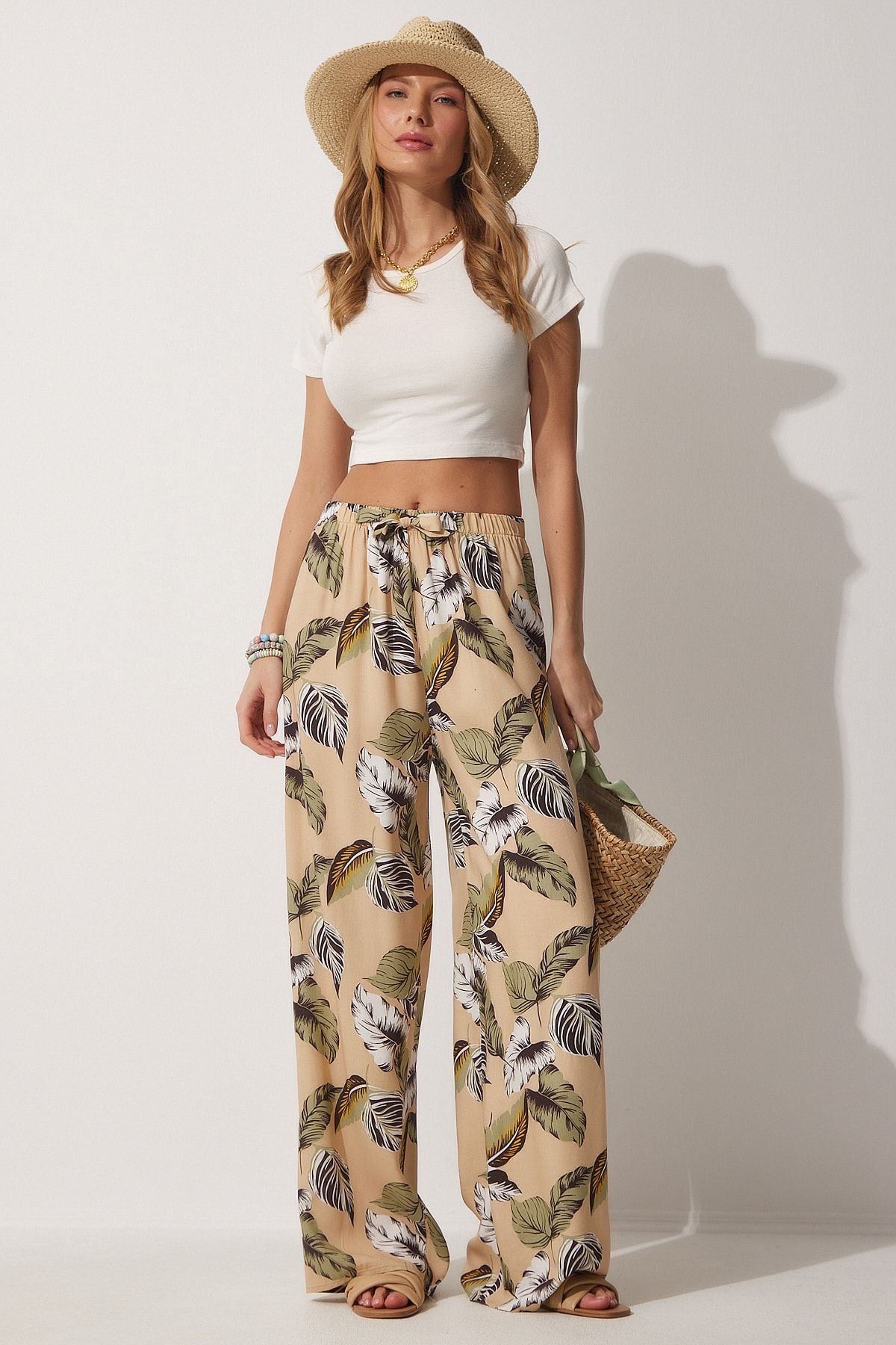 Female Beige Green High Waist Summer plenty of viscose pants BH00354