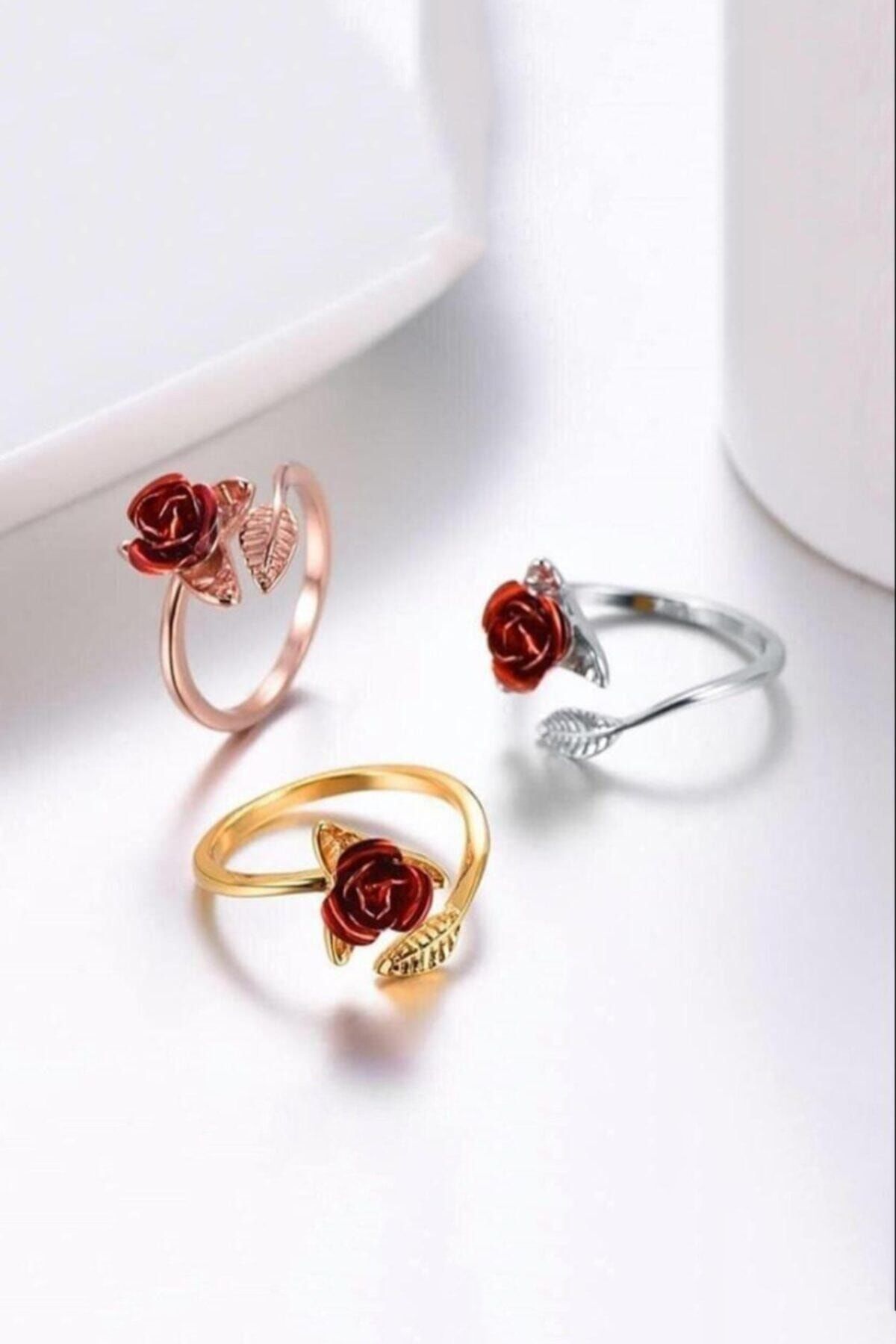 Kadın Gül Motifli Ayarlı Ölçü 14 Ayar Rose Altın Kaplama Yüzük