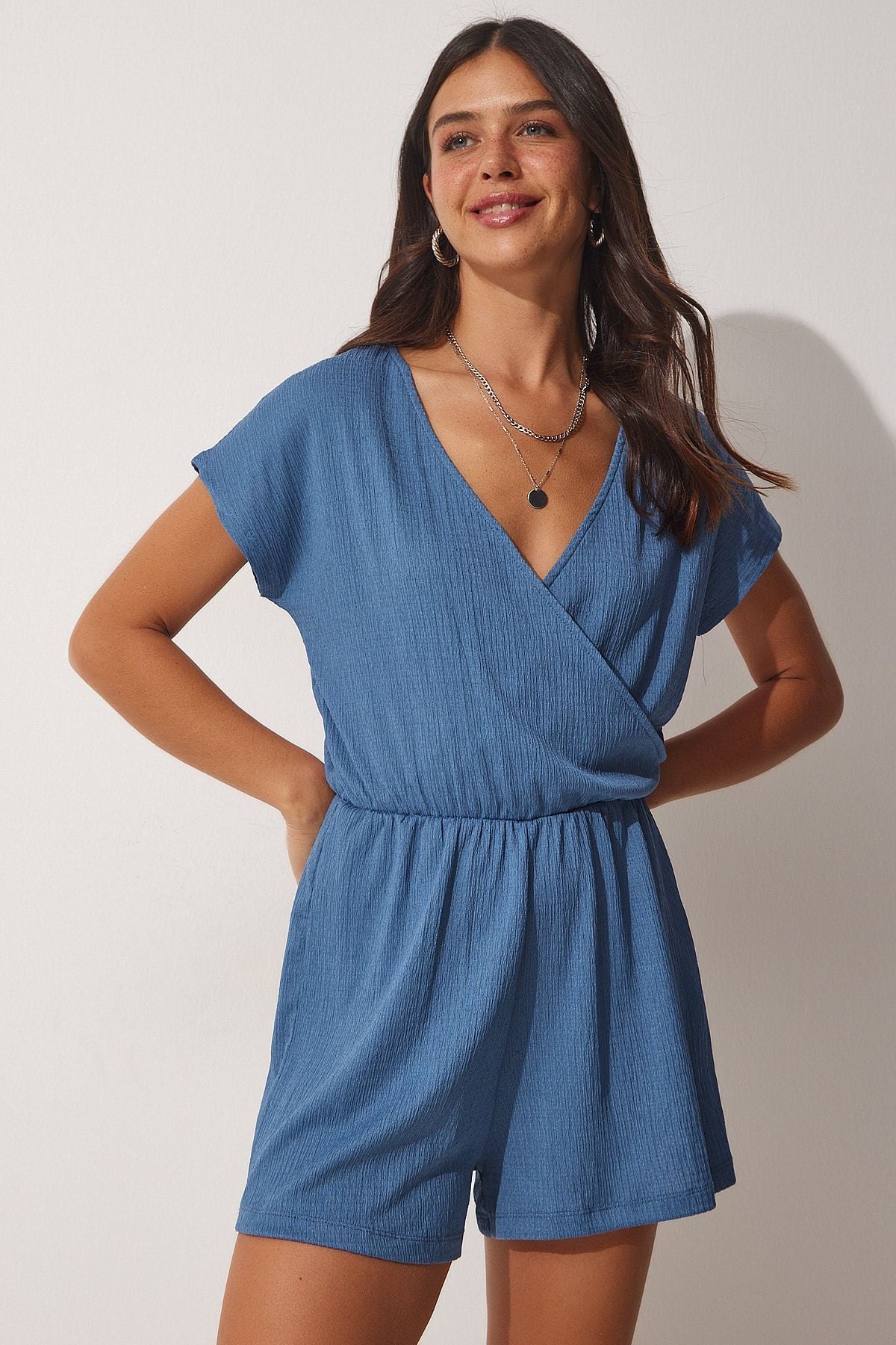 WOMEN INDOGO BLUE BLUE ANVALOP YOK RED short knitting overalls ub00019
