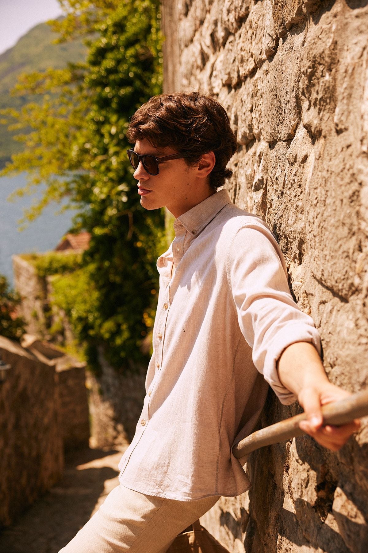 Men's Beige Linen Comfort Fit Casual Cutting Buttoned Neck Shirt
