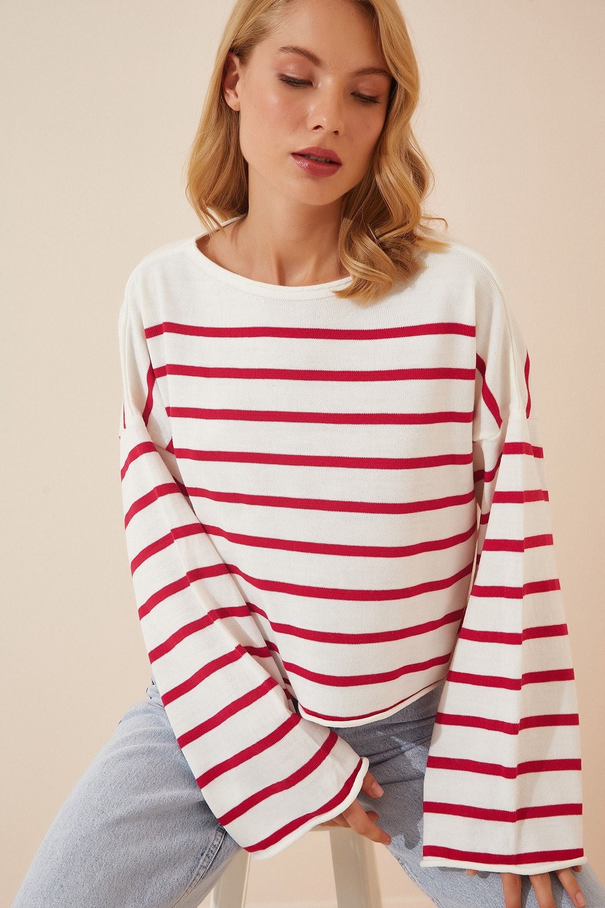 Woman Red White White Striped Oversiz Crop Knitwear sweater US00659