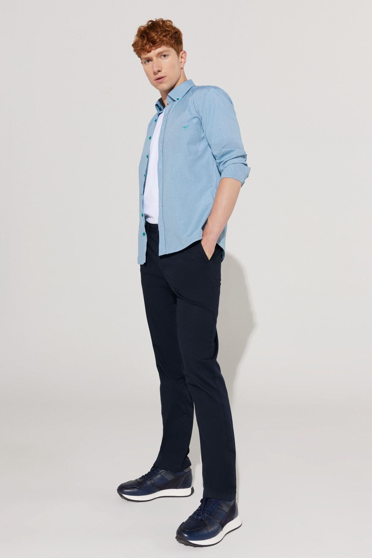 Men's navy blue comfort fit comfortable cutting side pocket cotton patterned flexible pants
