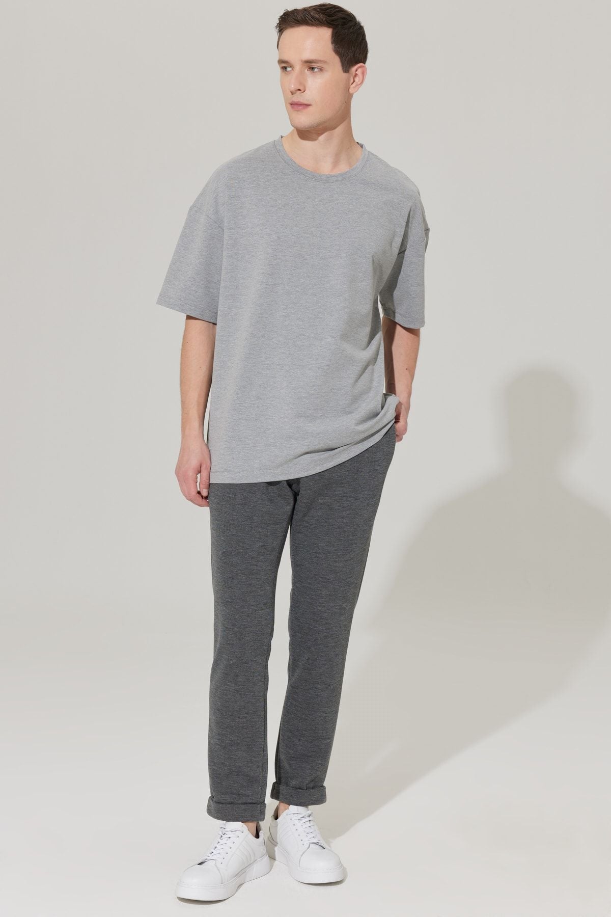 Men's anthracite slim fit narrow cut bird -eyed waist tied jogger pants