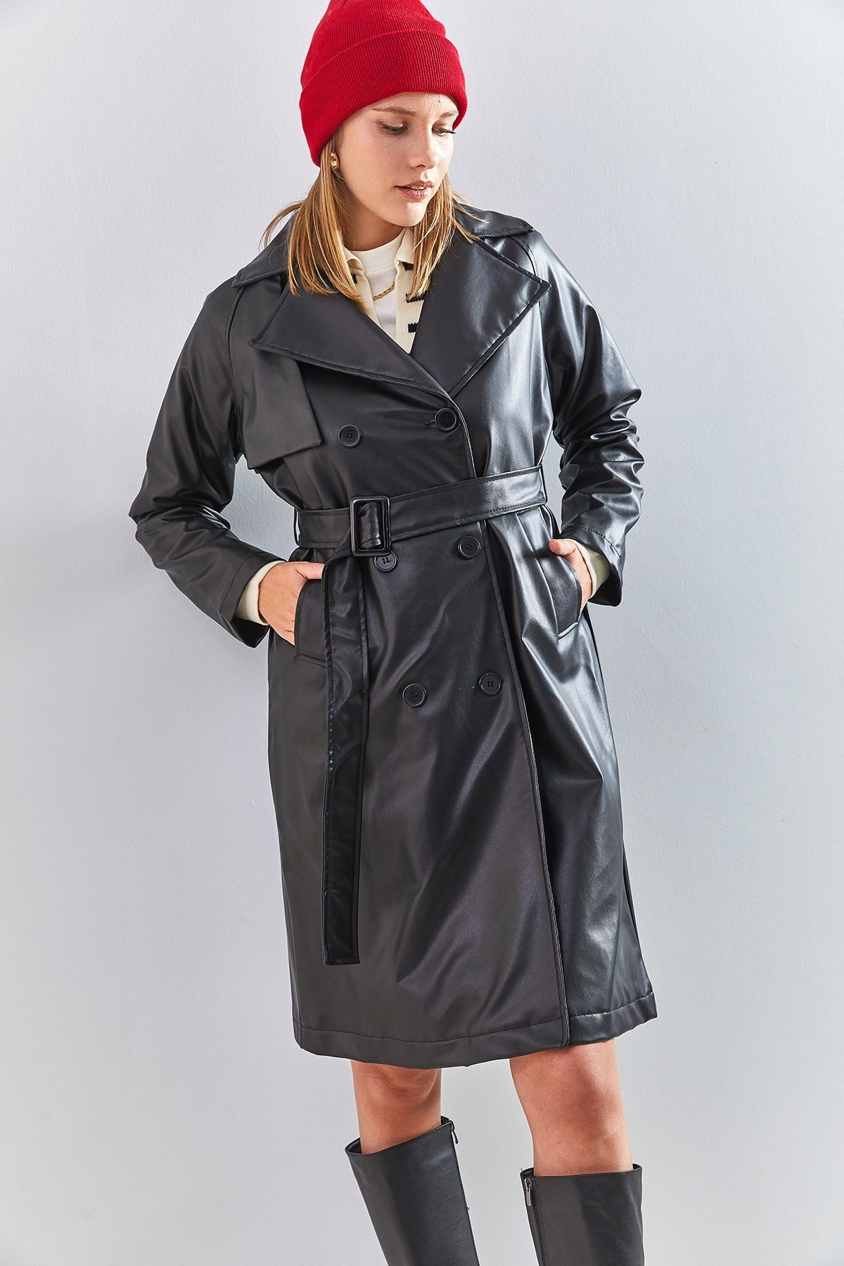 Women's 6 Button Belted Leather Overcoat 2246 40111011