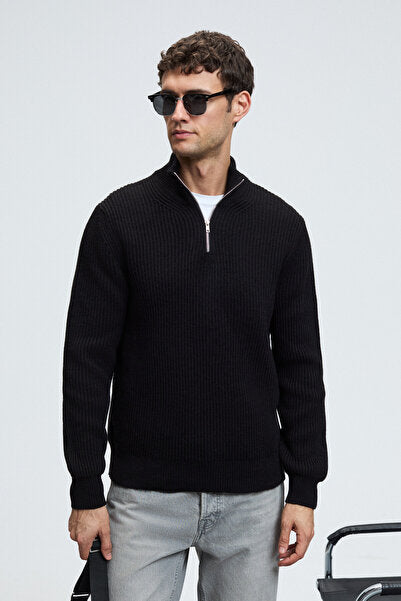 BERNARDO Men's Half Zipper High Collar Knitwear Black Sweater