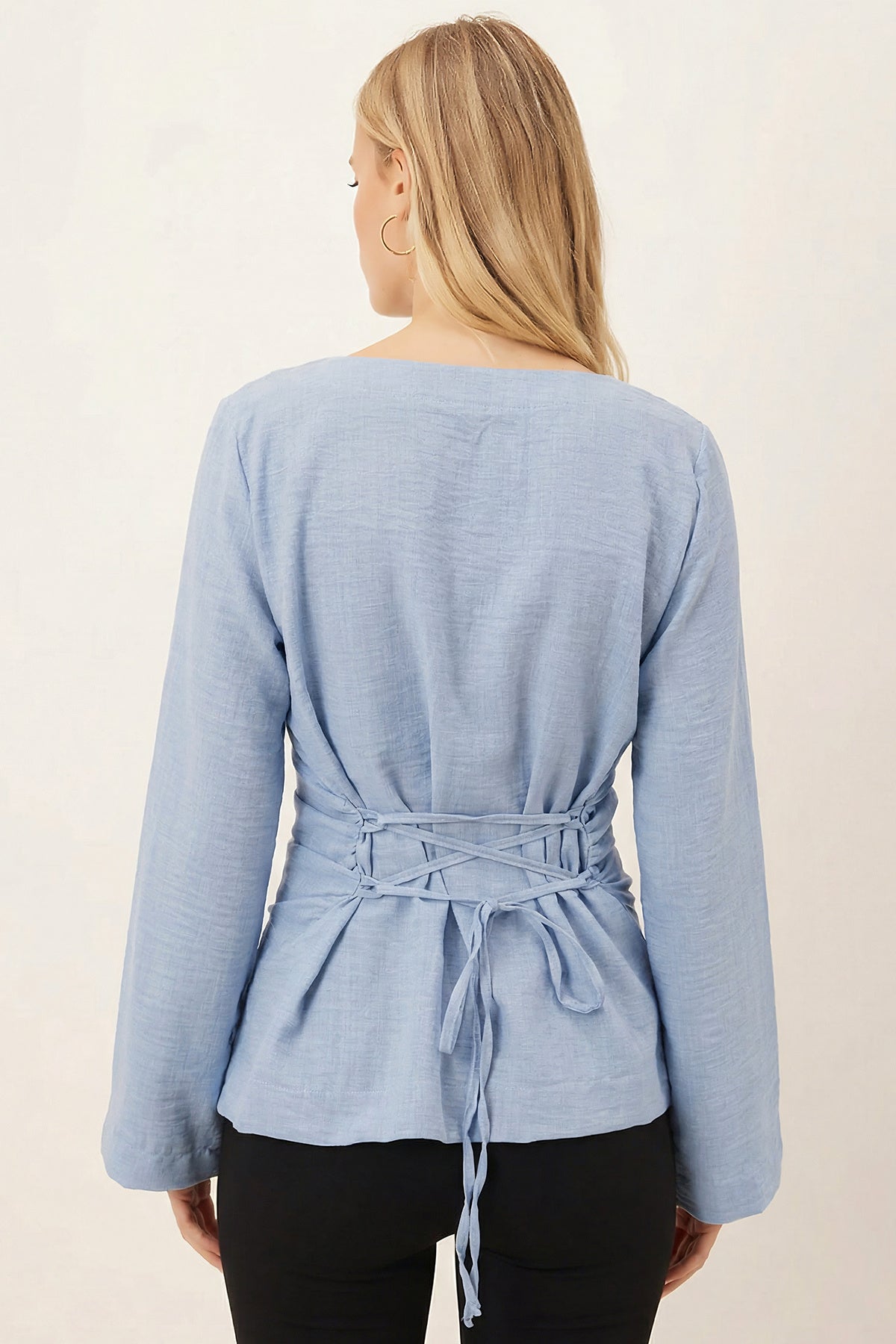 Women's Baby Blue Boat Neck Gathered Sides Blouse with Rope Detail on the Back ARM-26K001085