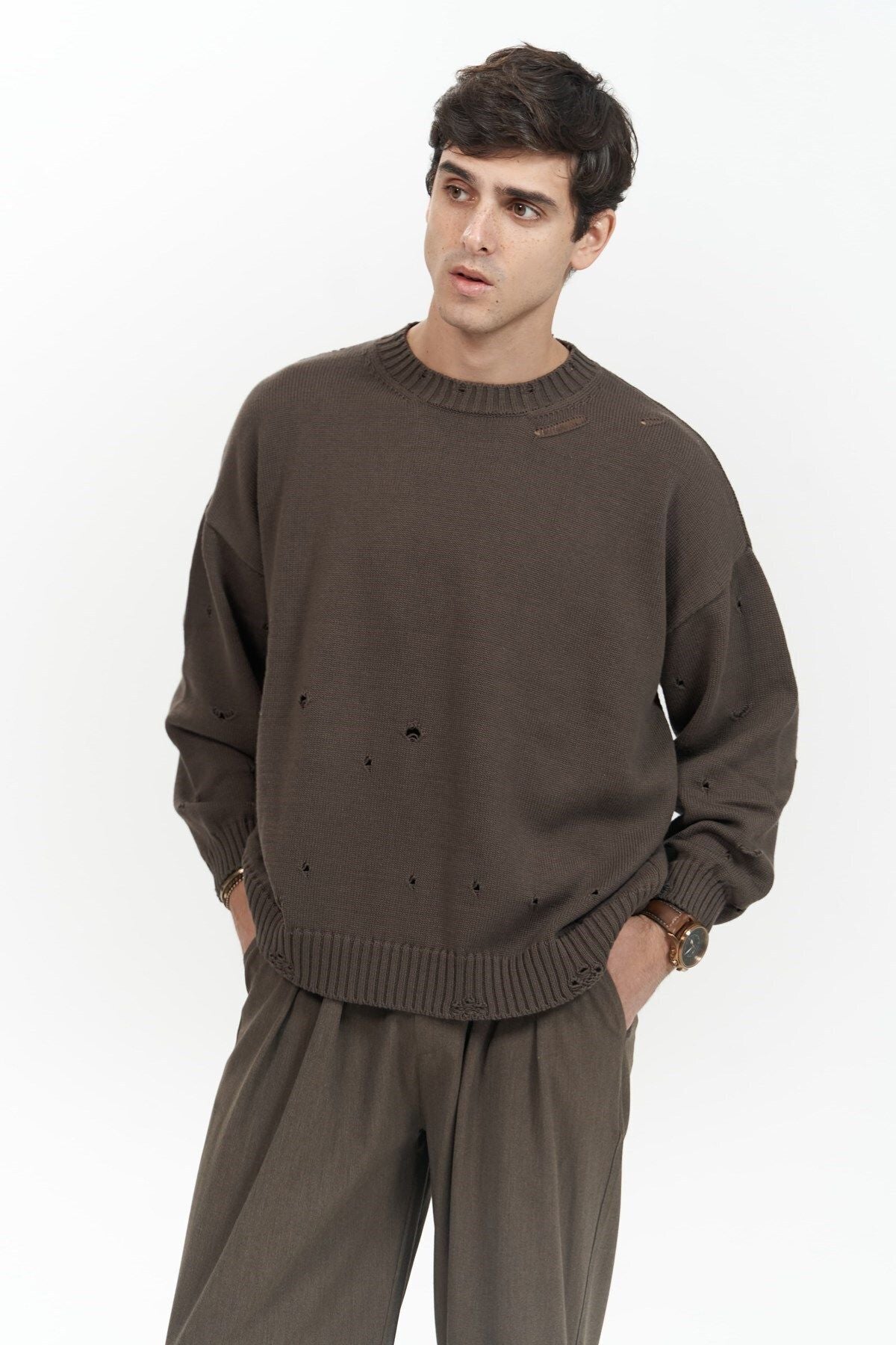 Alec Ribbed Ripped Detail Brown Men's Knitwear Sweater